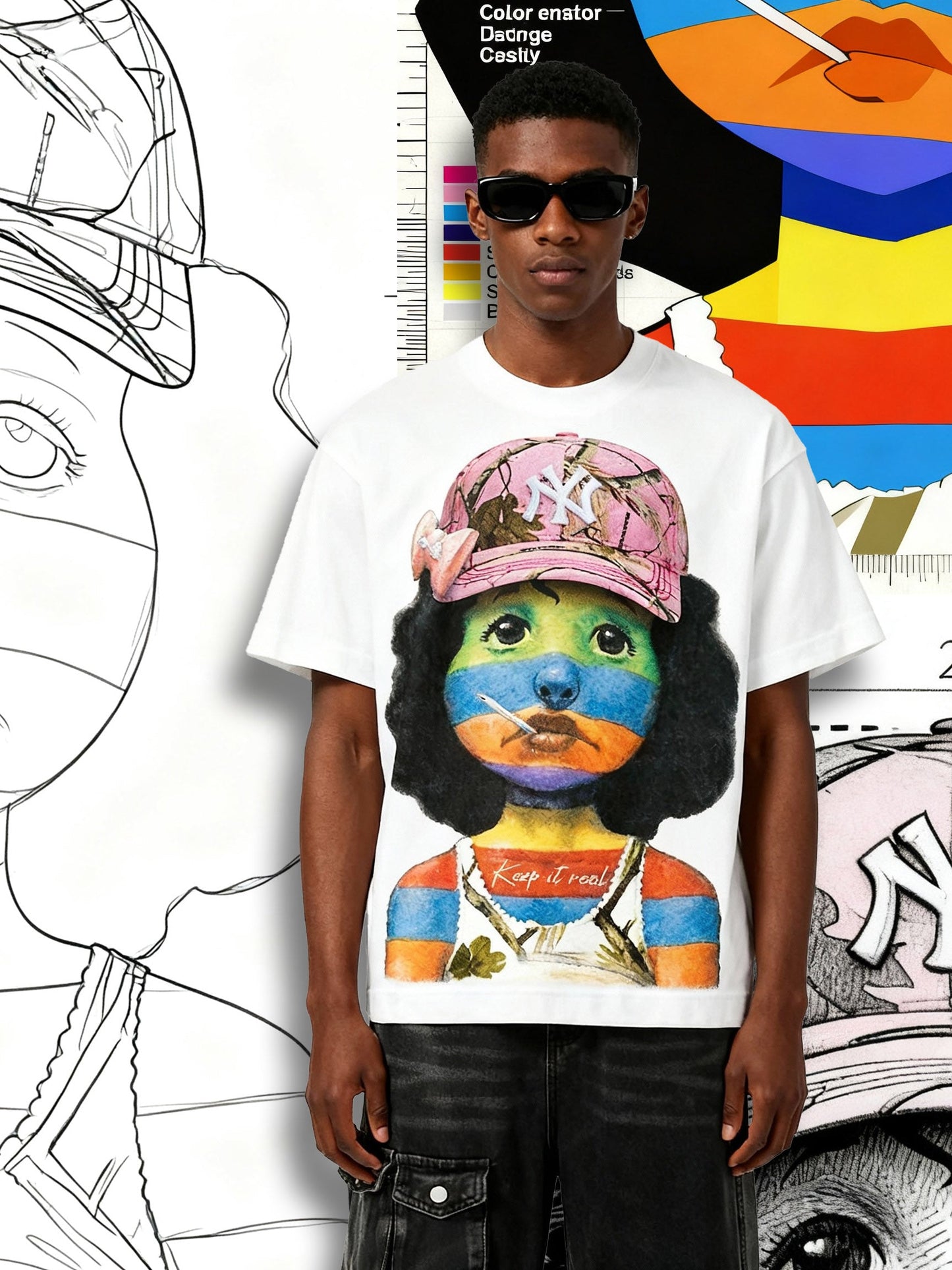 Art print T-shirt of a striped girl wearing a hat