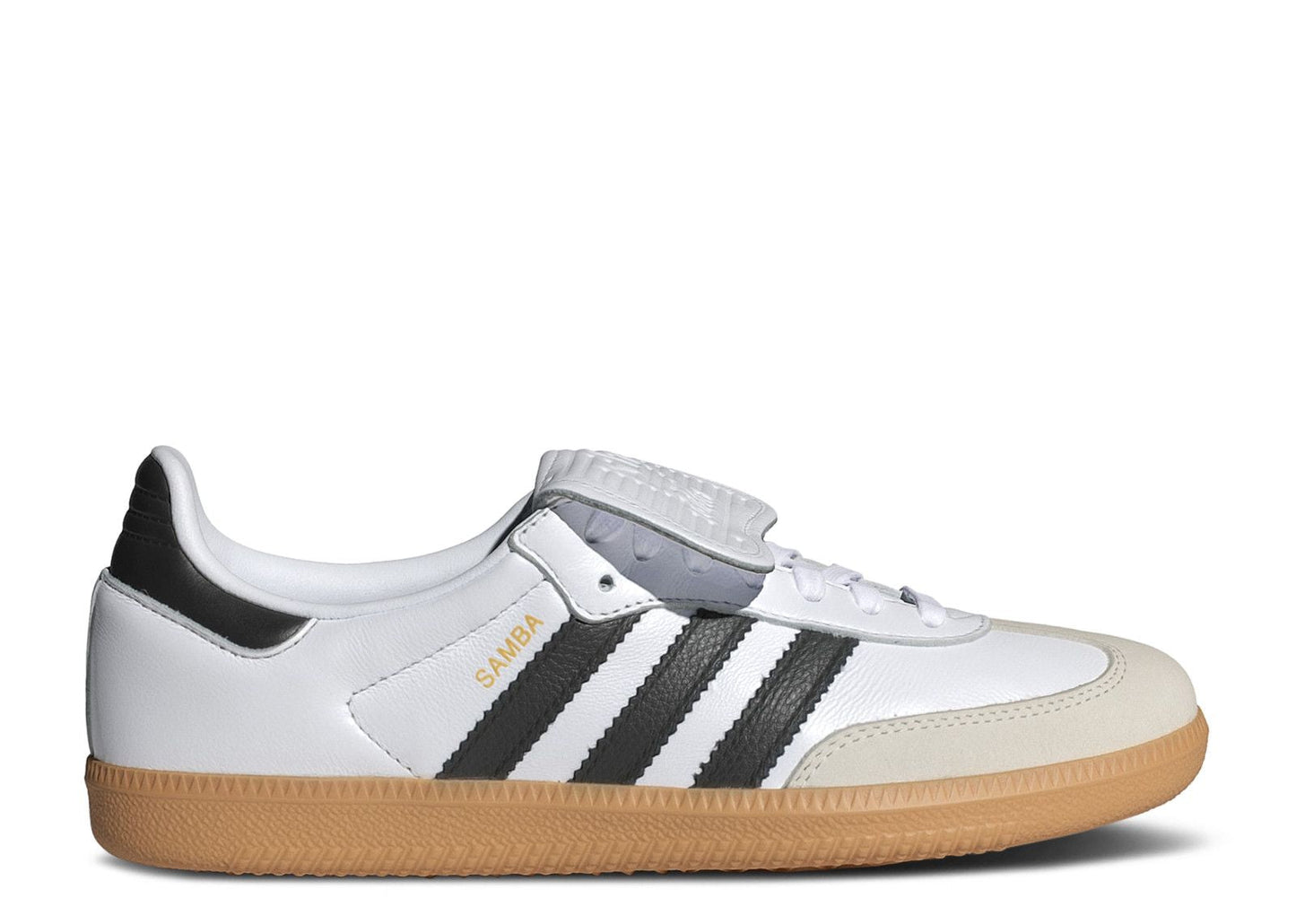 An Adidas Samba LT Cloud White Core Black W sneaker, featuring white leather, black stripes, a beige toe cap, gold SAMBA lettering, and a light brown gum sole, is shown from the side on a white background.