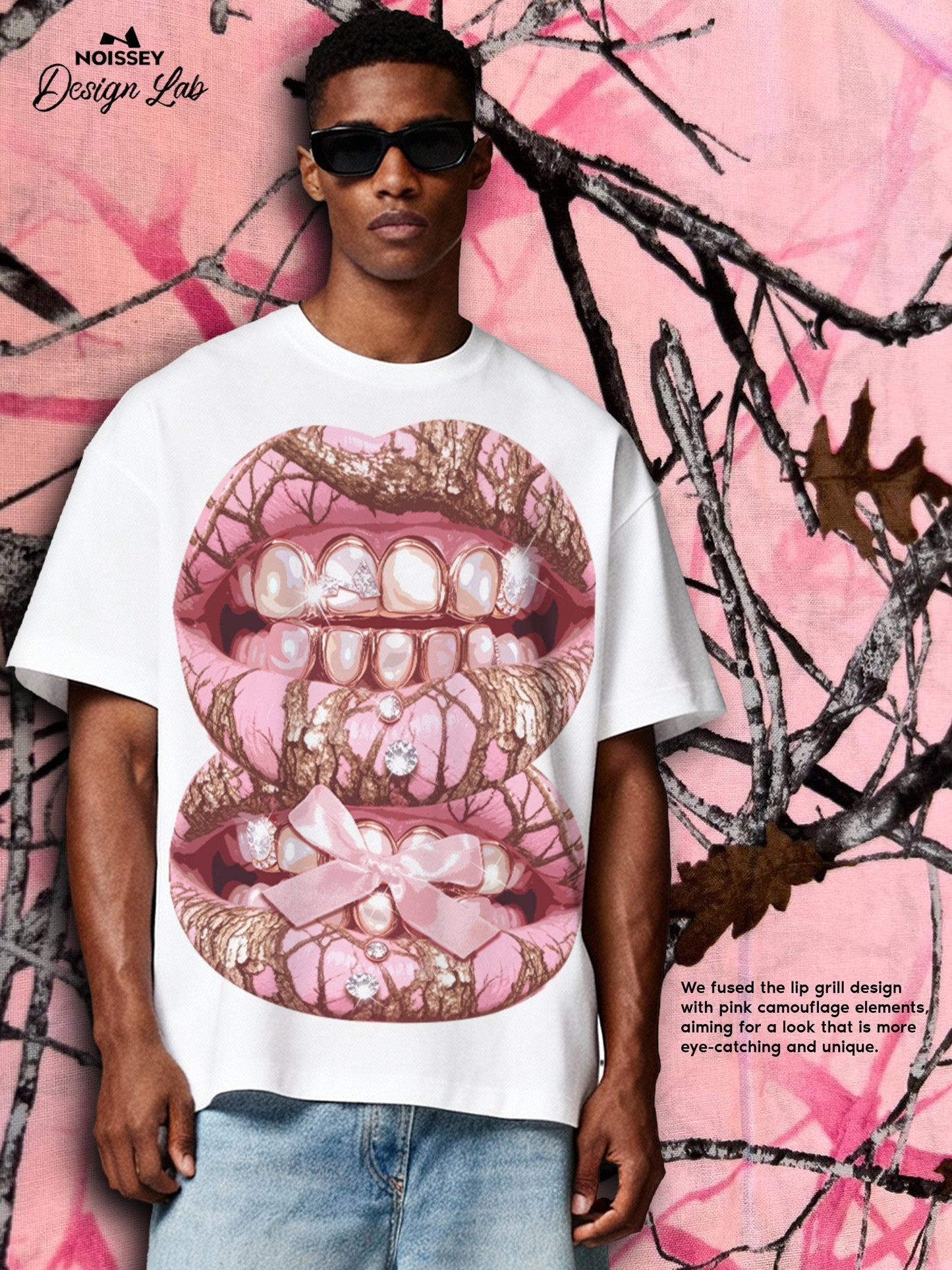 Pink Pearl Real Tree Art Grillz Print Boxy Oversized T-shirt