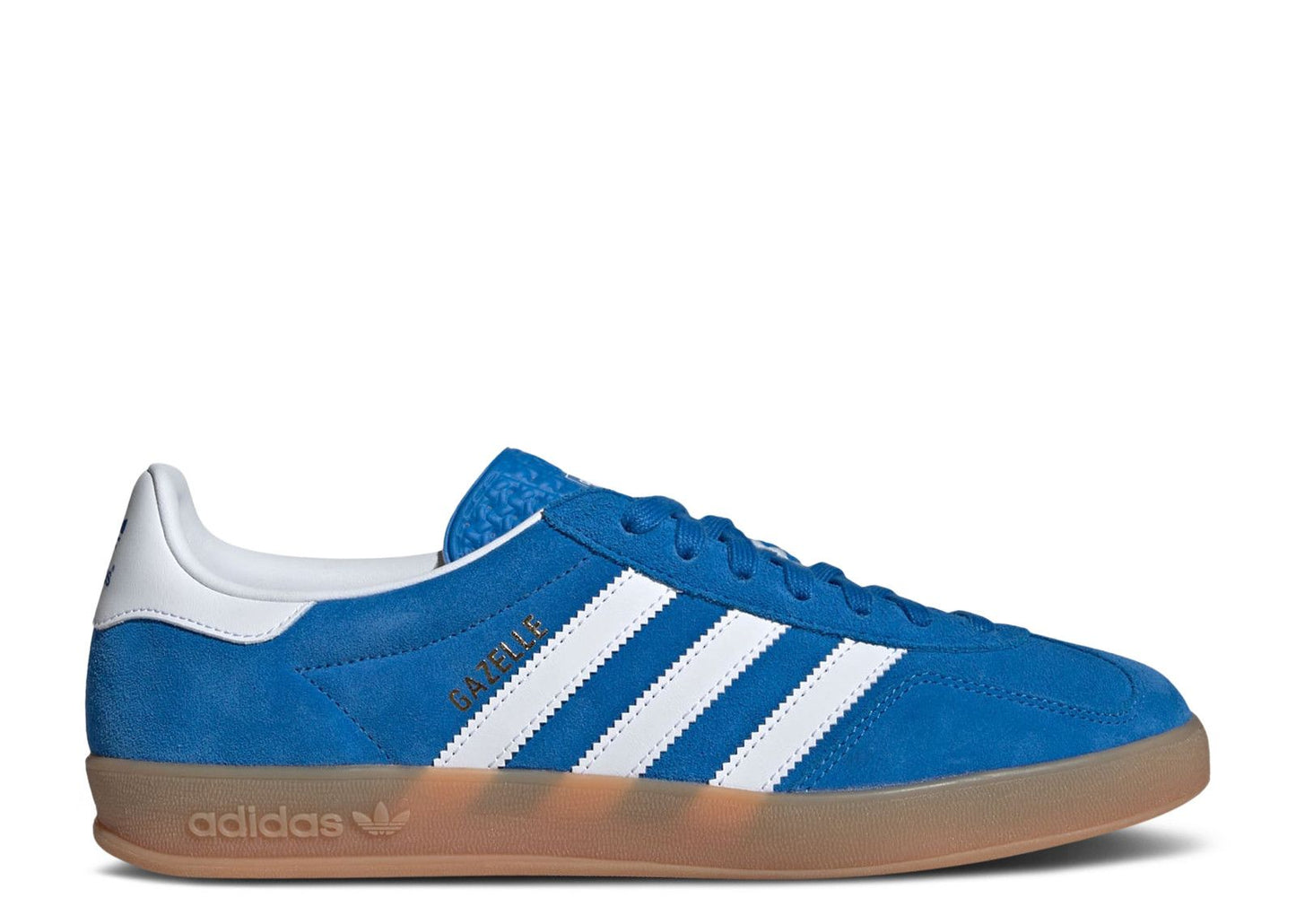 The Adidas Gazelle Indoor Blue Bird Cloud White sneaker (JI2061) features white stripes, a white heel tab, gold GAZELLE text, and sits on a transparent gum sole, shown from the side against a white background.