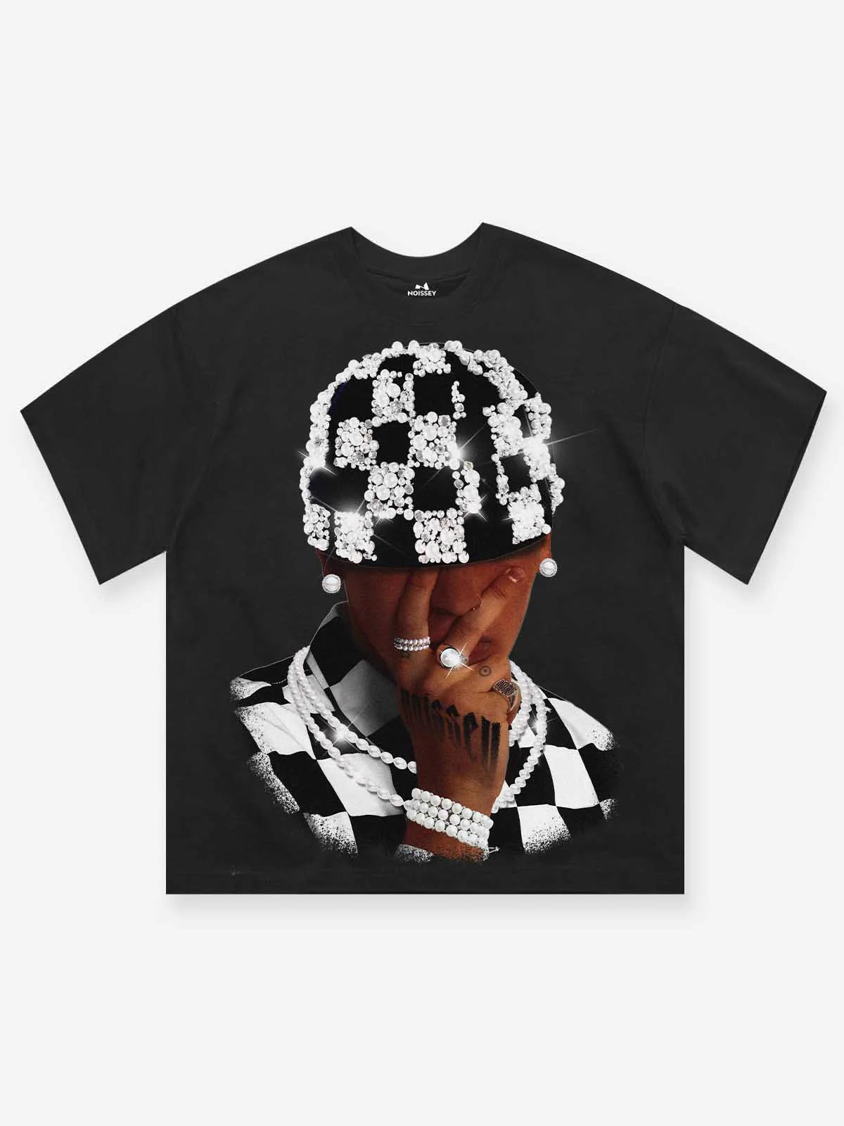 Noissey Wearing black and white checkered pearl beanie boy print T-shirt