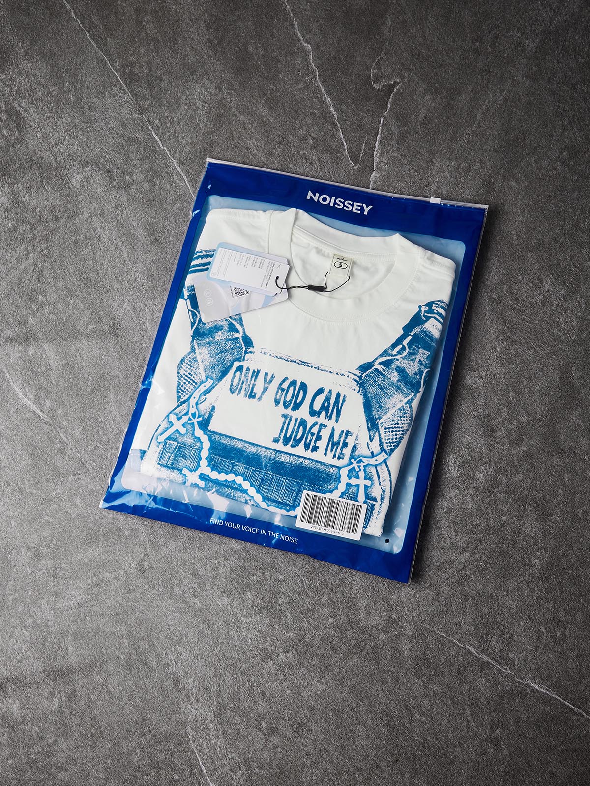 NOISSEY Only God Can Judge Me Blue-Tone Tactical Vest Art Tee - Cloud White