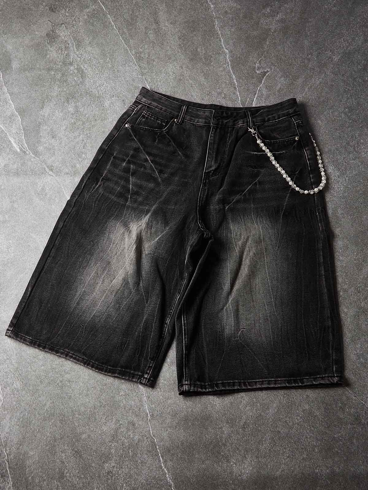 NOISSEY Vintage Distressed Denim Shorts with DIY Pearl Chain - Onyx Black & Heritage Blue