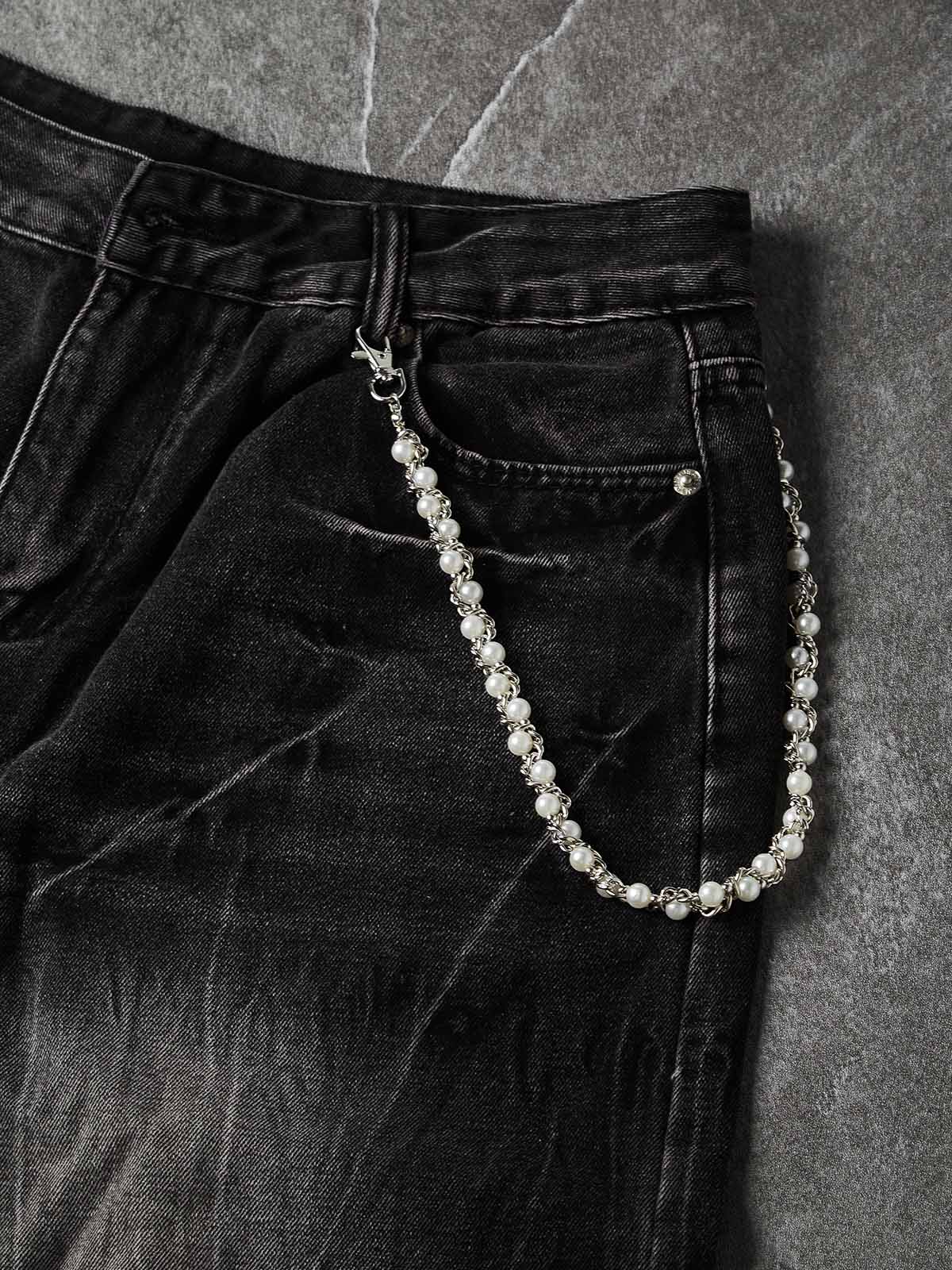 NOISSEY Vintage Distressed Denim Shorts with DIY Pearl Chain - Onyx Black & Heritage Blue