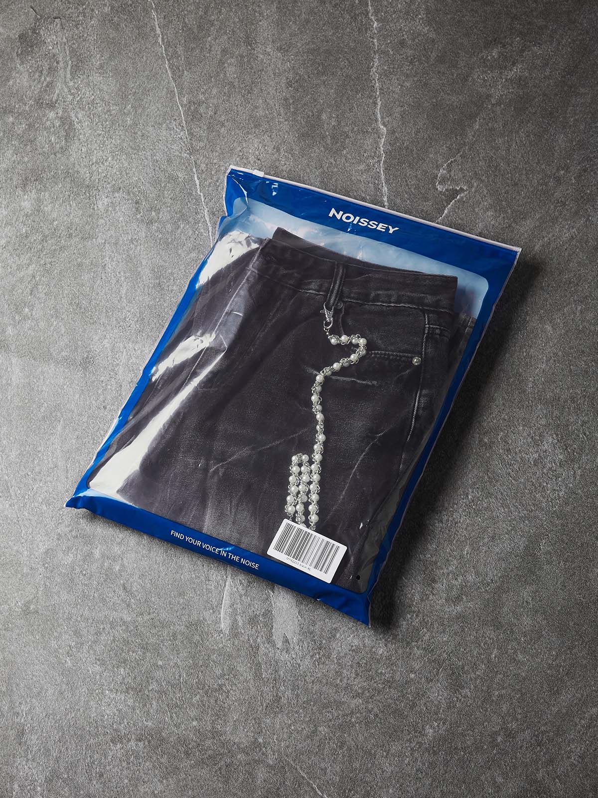 NOISSEY Vintage Distressed Denim Shorts with DIY Pearl Chain - Onyx Black & Heritage Blue