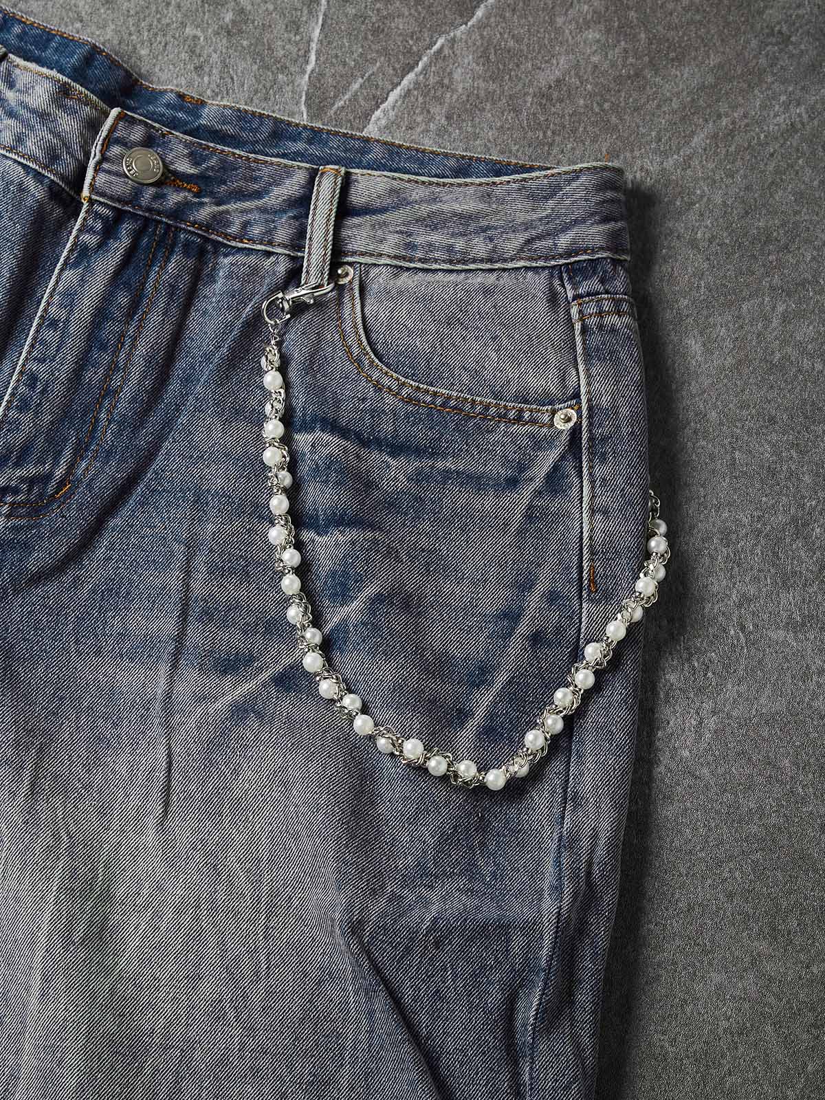 NOISSEY Vintage Distressed Denim Shorts with DIY Pearl Chain - Onyx Black & Heritage Blue