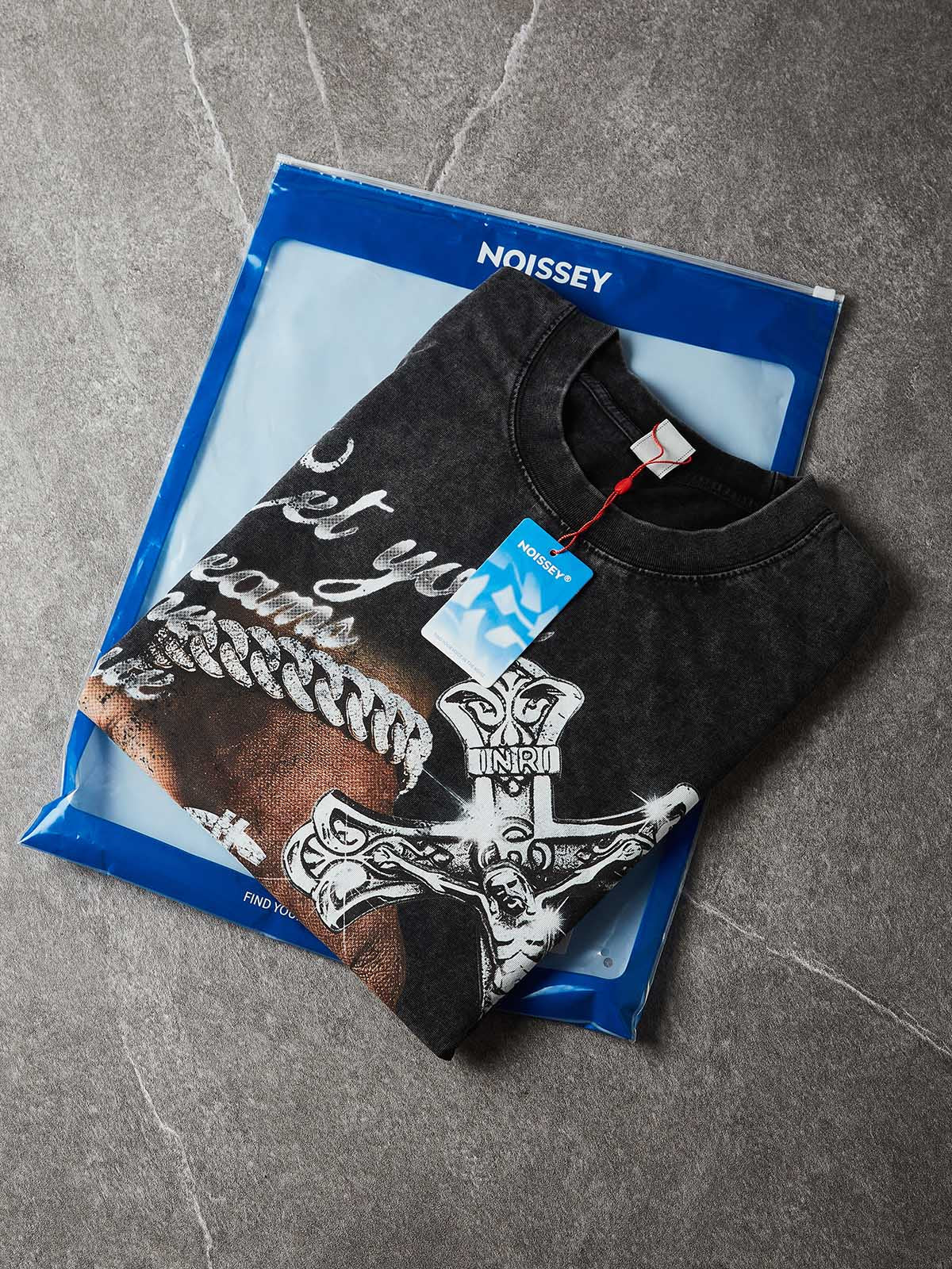NOISSEY "True Dreams" Shimmering Crucifix & Dollar Ring Vintage Washed Tee