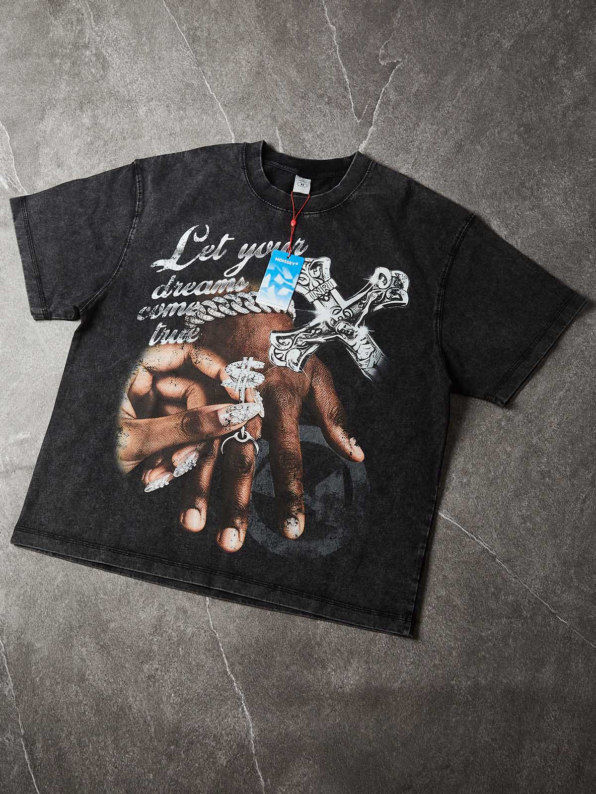 NOISSEY "True Dreams" Shimmering Crucifix & Dollar Ring Vintage Washed Tee