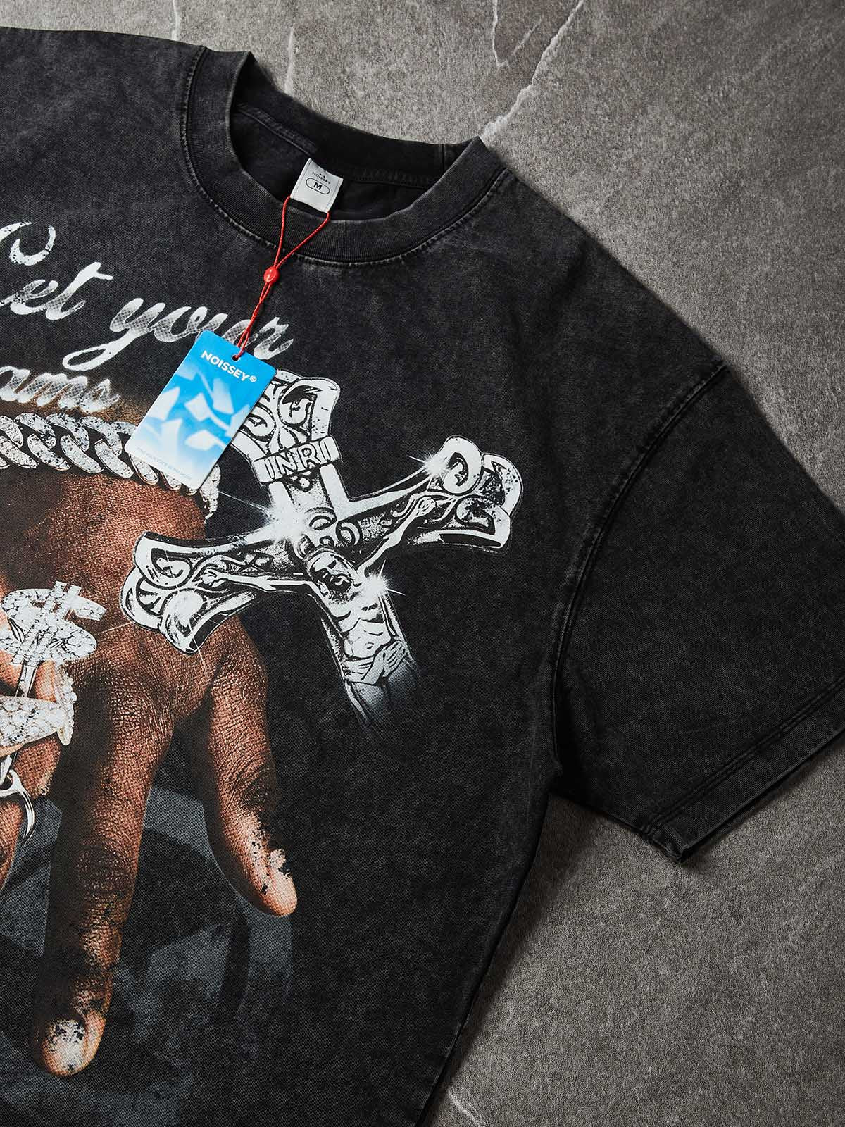NOISSEY "True Dreams" Shimmering Crucifix & Dollar Ring Vintage Washed Tee