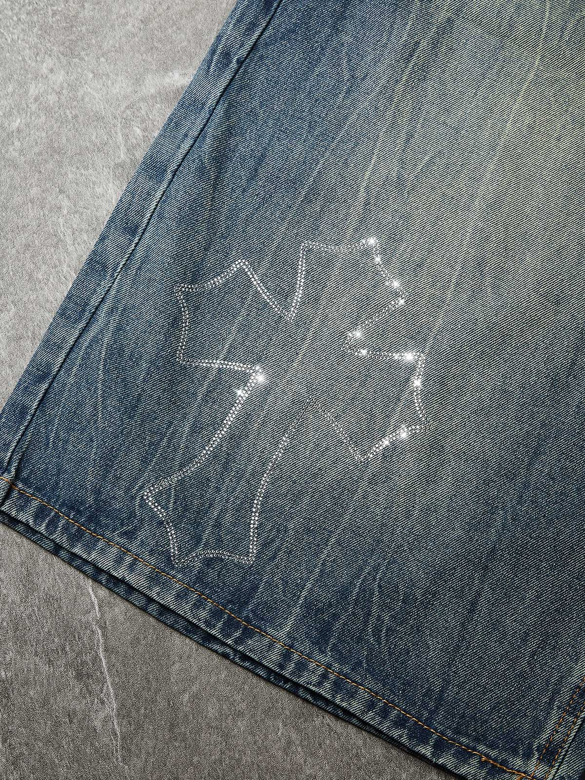 NOISSEY "Gothic Cross" Rhinestone Bleach-Washed Denim Shorts - High-Street Wide-Leg 2 Colors