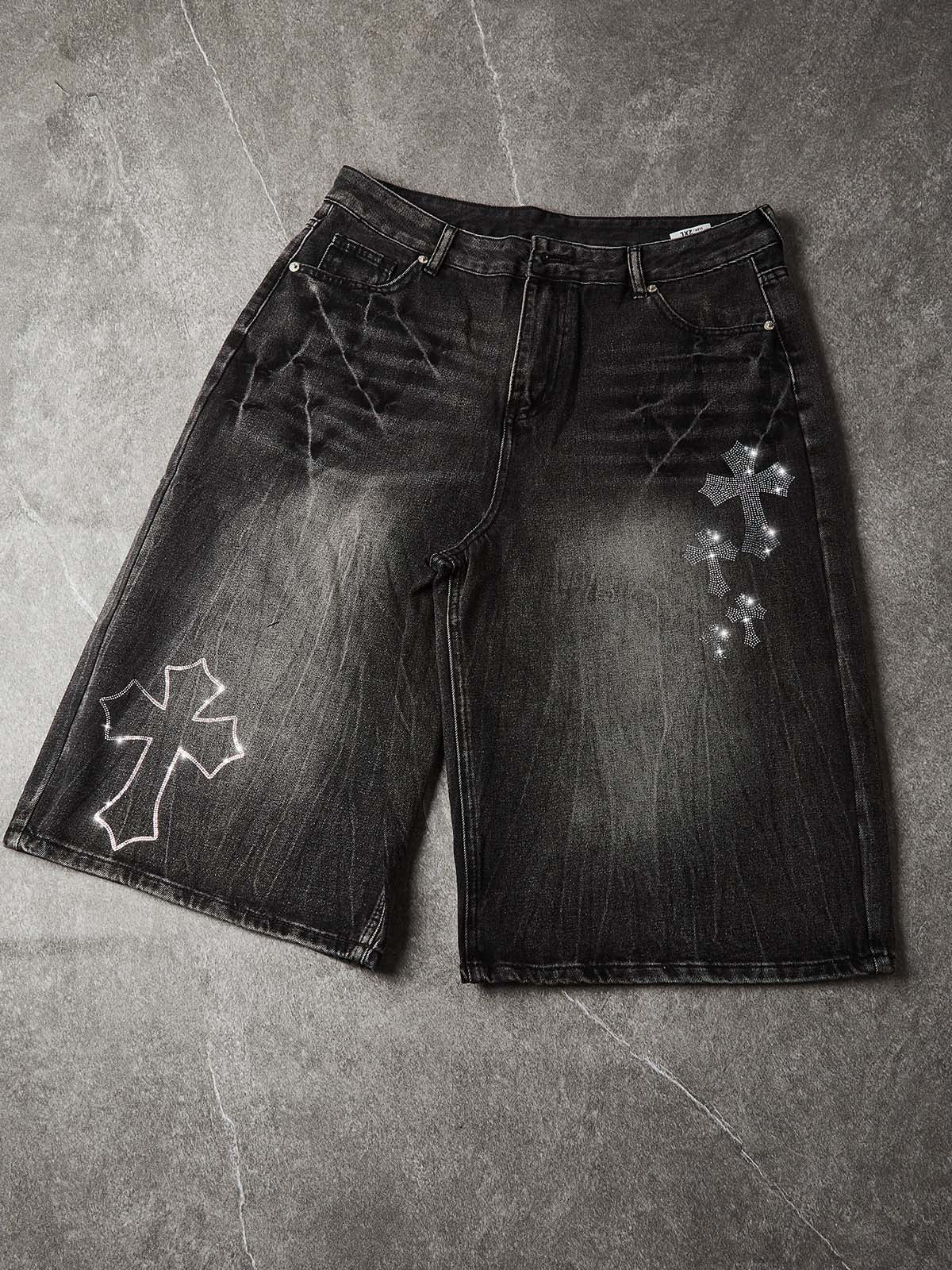 NOISSEY "Gothic Cross" Rhinestone Bleach-Washed Denim Shorts - High-Street Wide-Leg 2 Colors