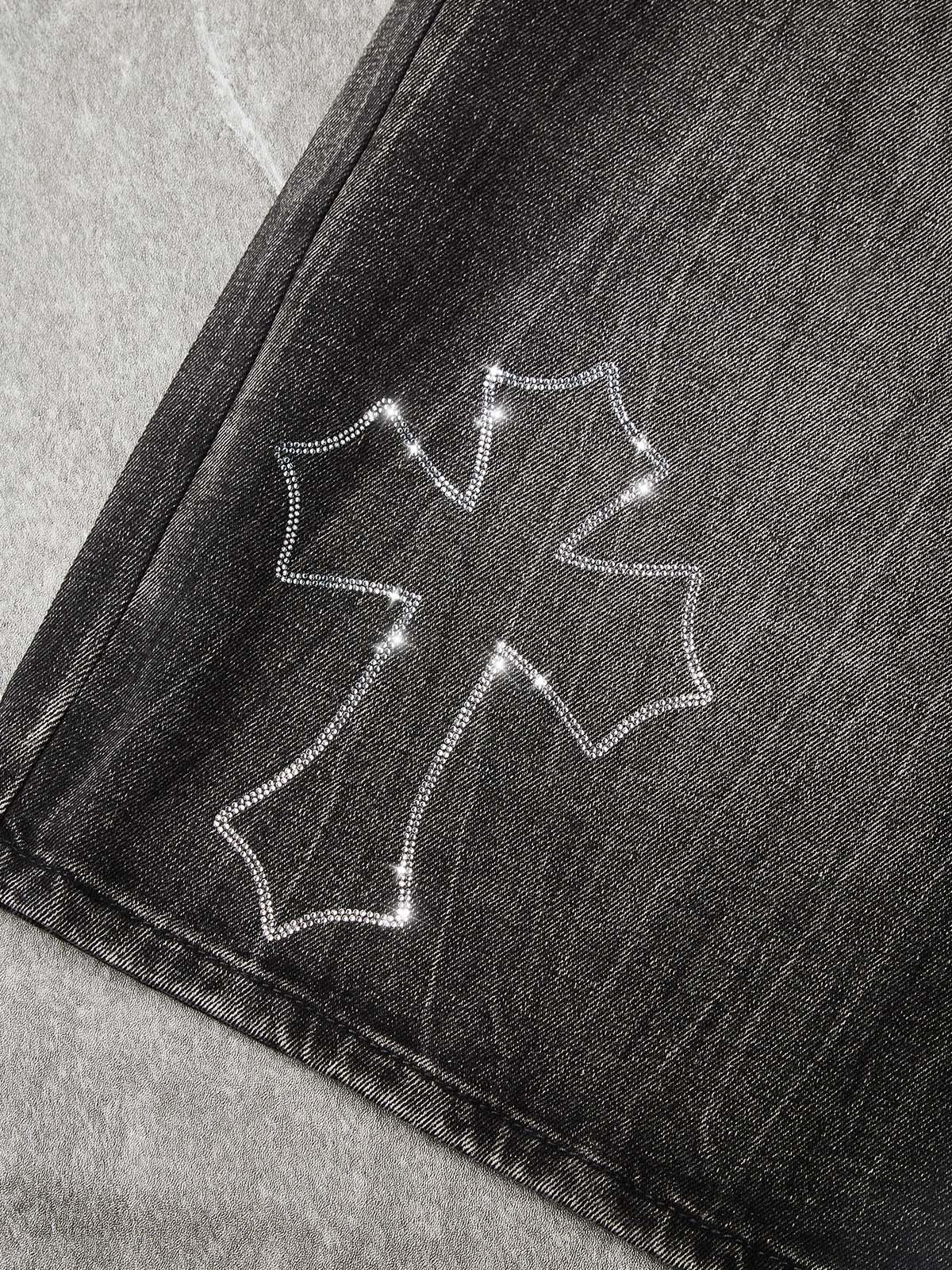 NOISSEY "Gothic Cross" Rhinestone Bleach-Washed Denim Shorts - High-Street Wide-Leg 2 Colors
