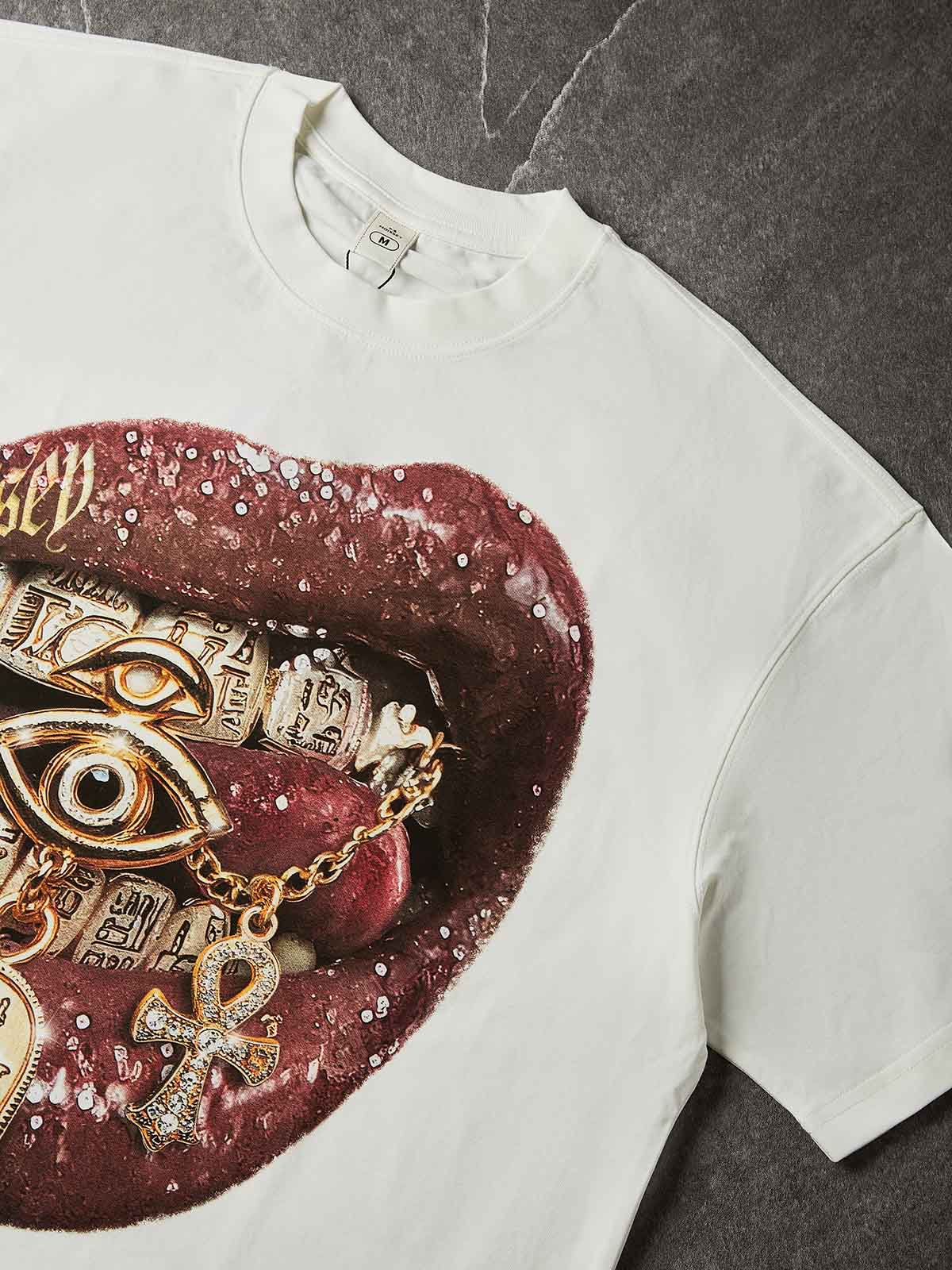 NOISSEY "The Golden Oracle" Wet-Gloss Lips Pharaonic Hieroglyphic Grills Oversized Tee