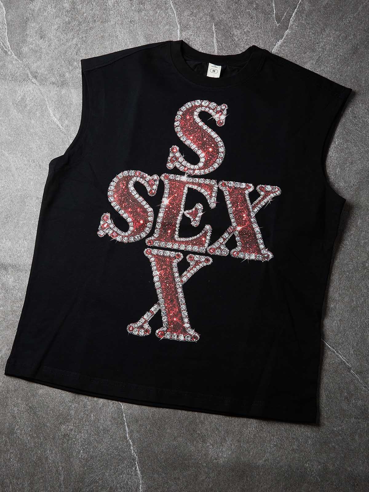 NOISSEY "SEX" Red Rhinestone Stacked Cross Graphic Loose Sleeveless Tank Top