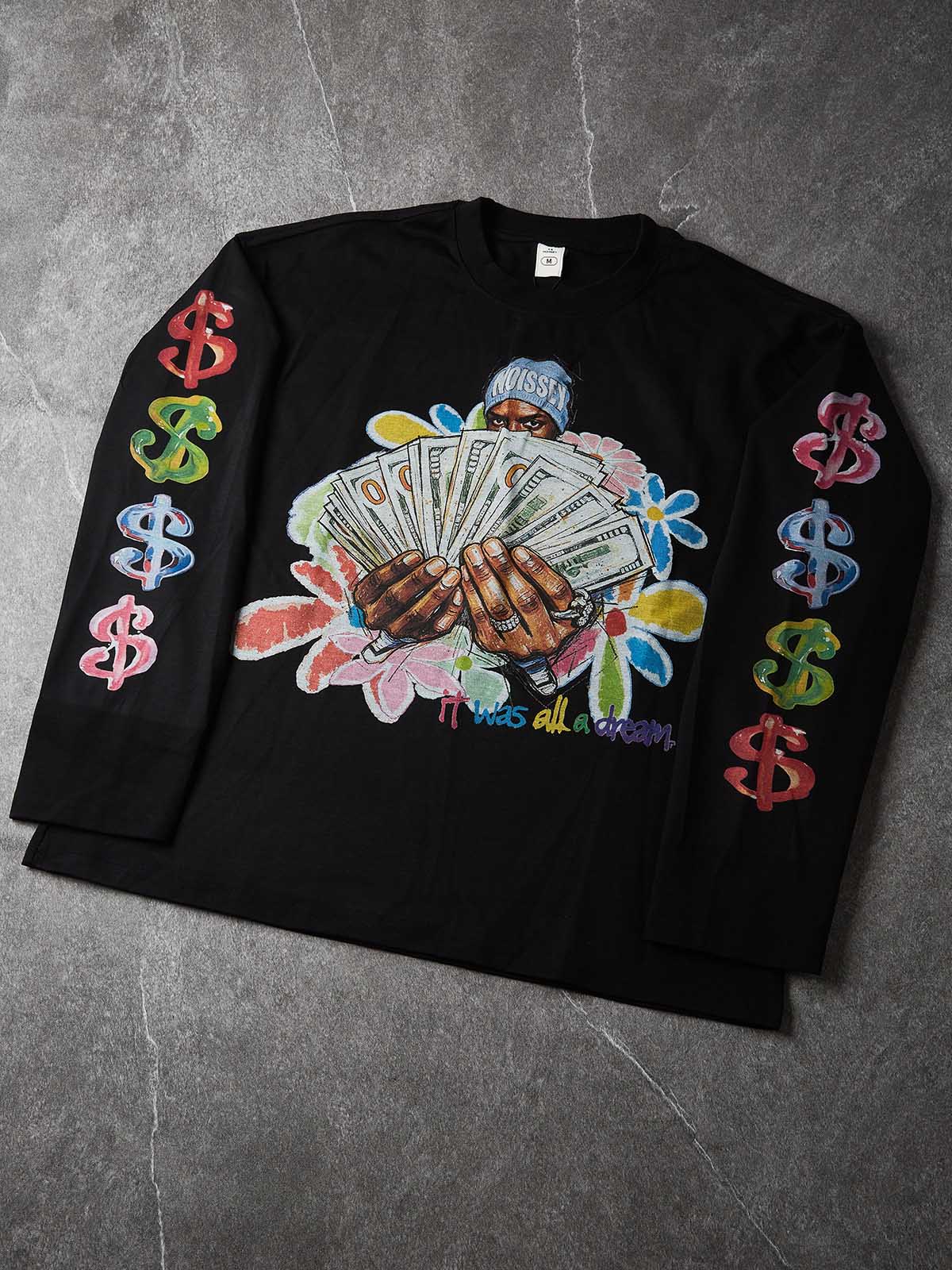 NOISSEY "It Was All A Dream" Hand-Drawn Cash Portrait & Graffiti Flowers Long Sleeve Tee Two Colors