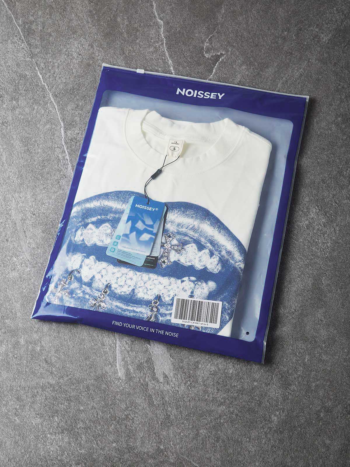 NOISSEY "Vintage Blue Lips" Double Lips & Chrome Cross Graphic Long Sleeve Tee