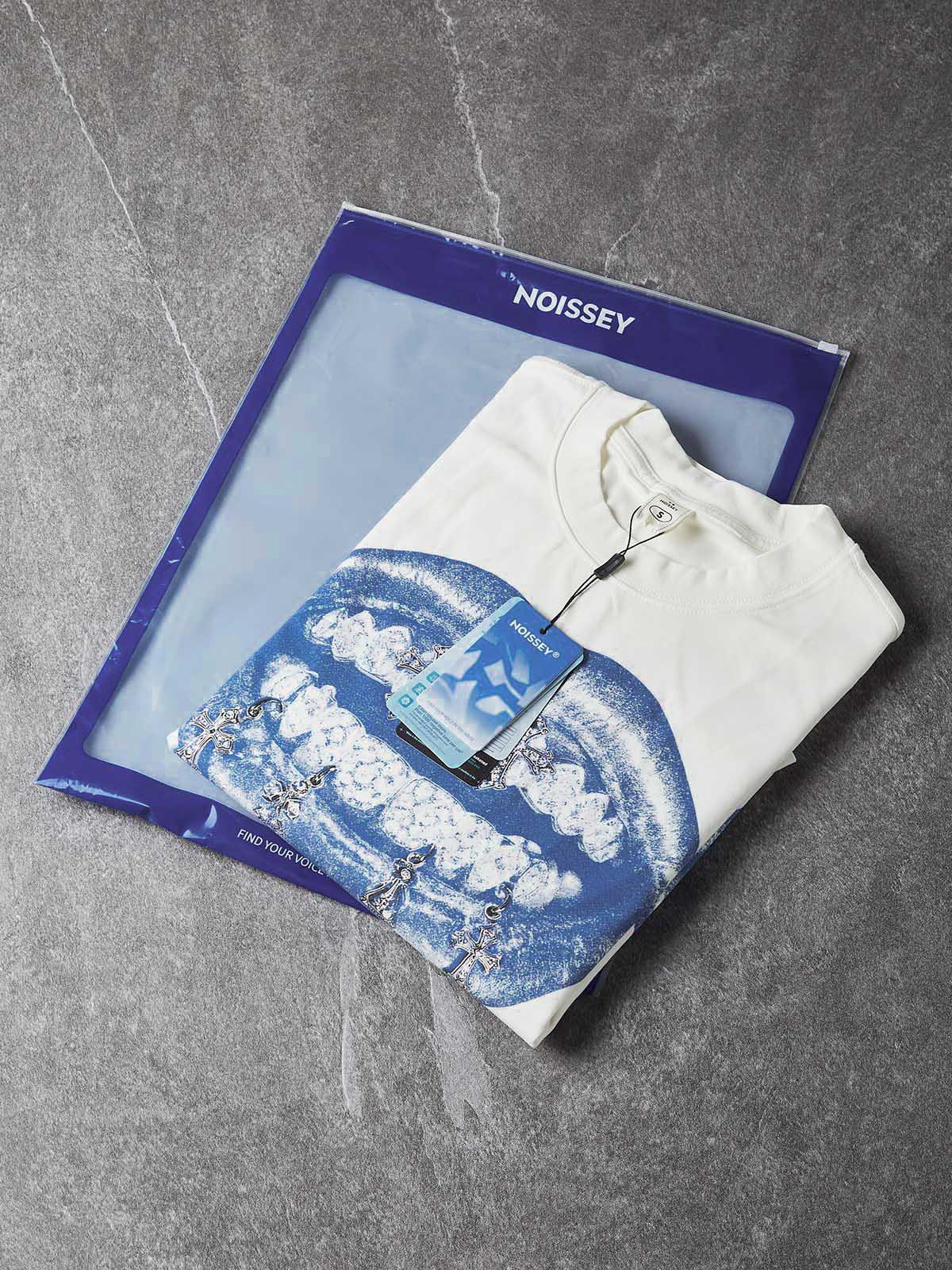 NOISSEY "Vintage Blue Lips" Double Lips & Chrome Cross Graphic Long Sleeve Tee
