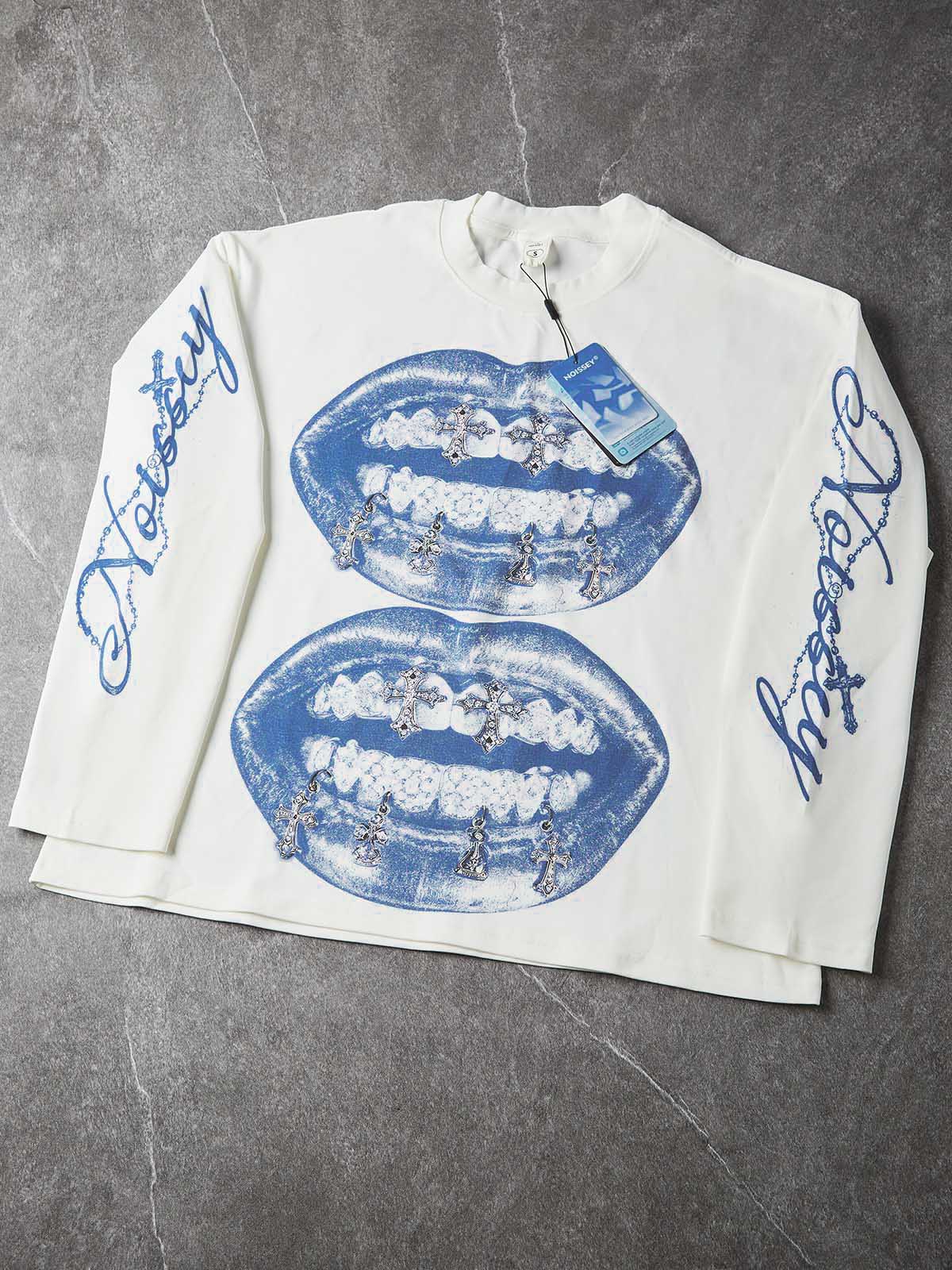 NOISSEY "Vintage Blue Lips" Double Lips & Chrome Cross Graphic Long Sleeve Tee