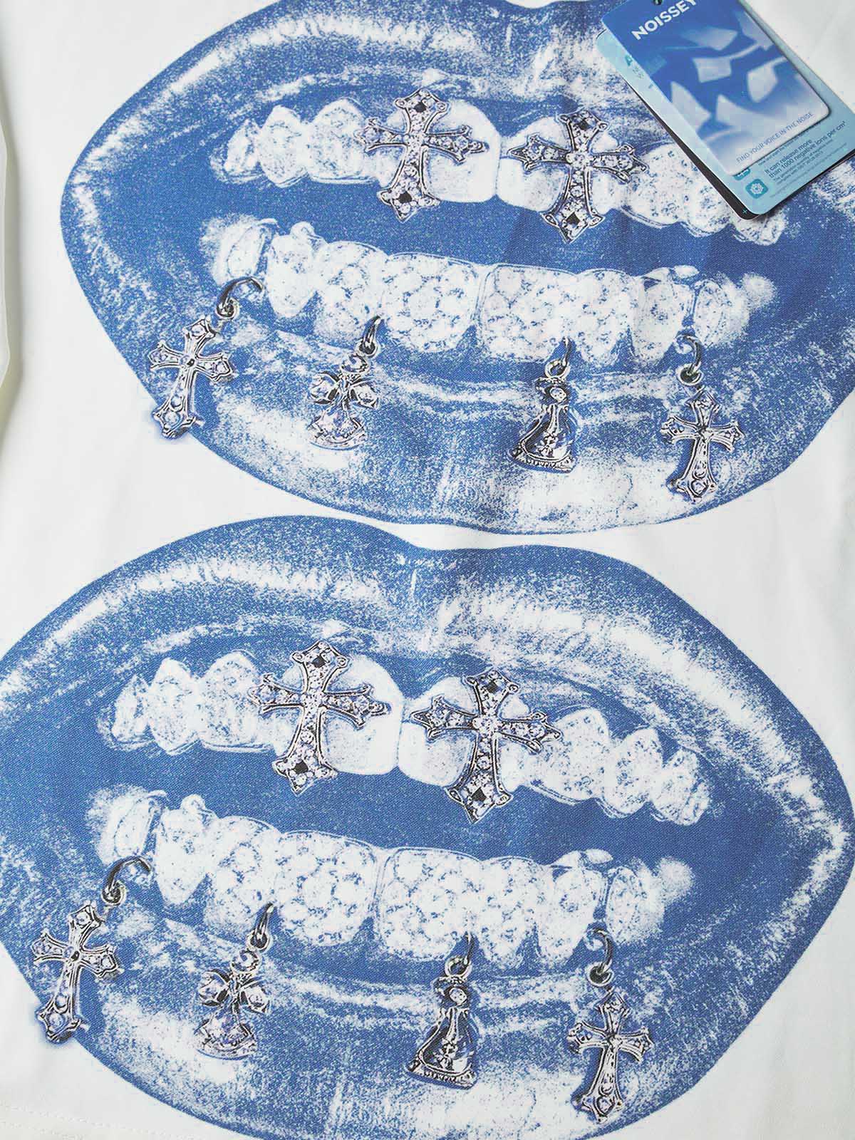 NOISSEY "Vintage Blue Lips" Double Lips & Chrome Cross Graphic Long Sleeve Tee