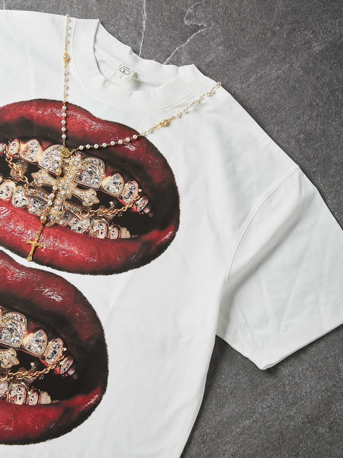 NOISSEY "Burgundy Lips" Golden Cross & Iced-Out Grillz Oversized Graphic Tee