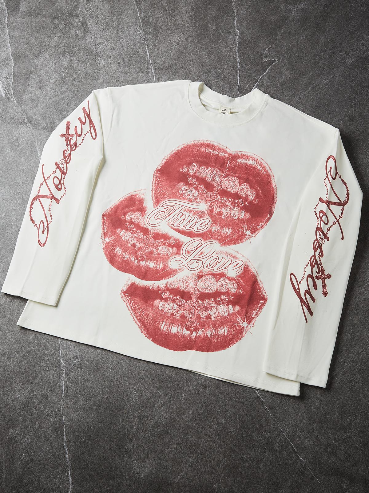 NOISSEY "True Love" Diamond Grillz & Cross Lips Graphic Long Sleeve Tee