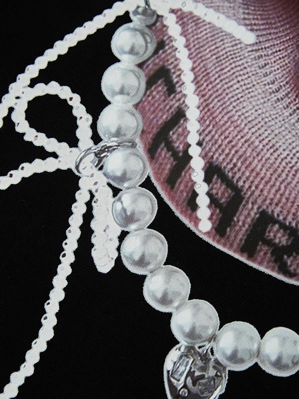 Black Pullover Mask with Pearl Bow Tie Print T-shirt