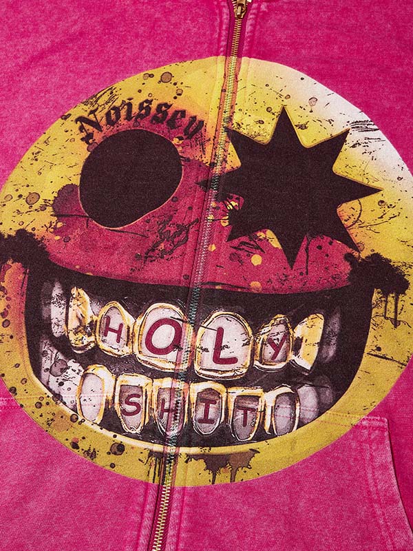 Gangster Smiley Pink Wash Print Zip-Up Hoodie