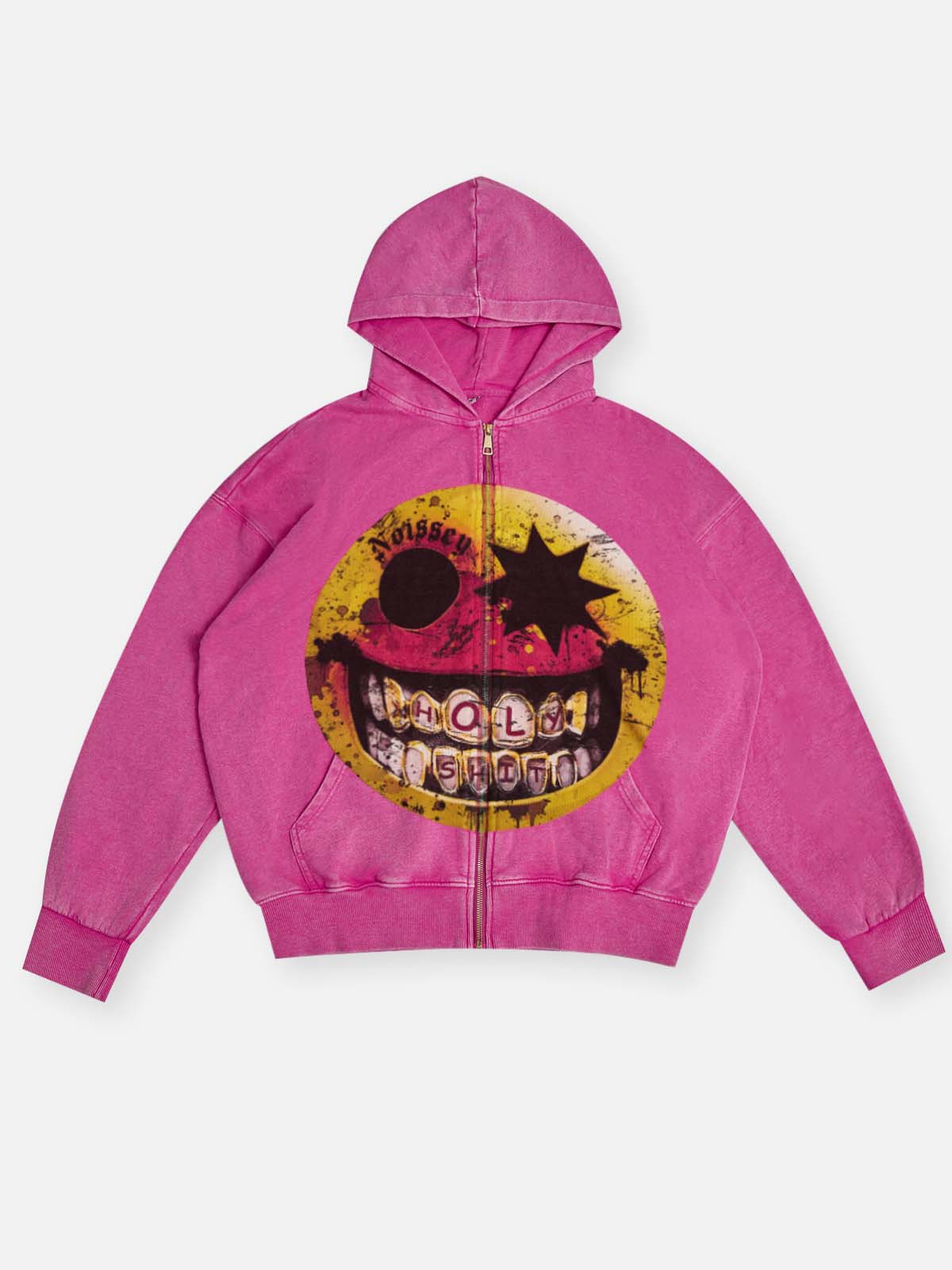 Gangster Smiley Pink Wash Print Zip-Up Hoodie