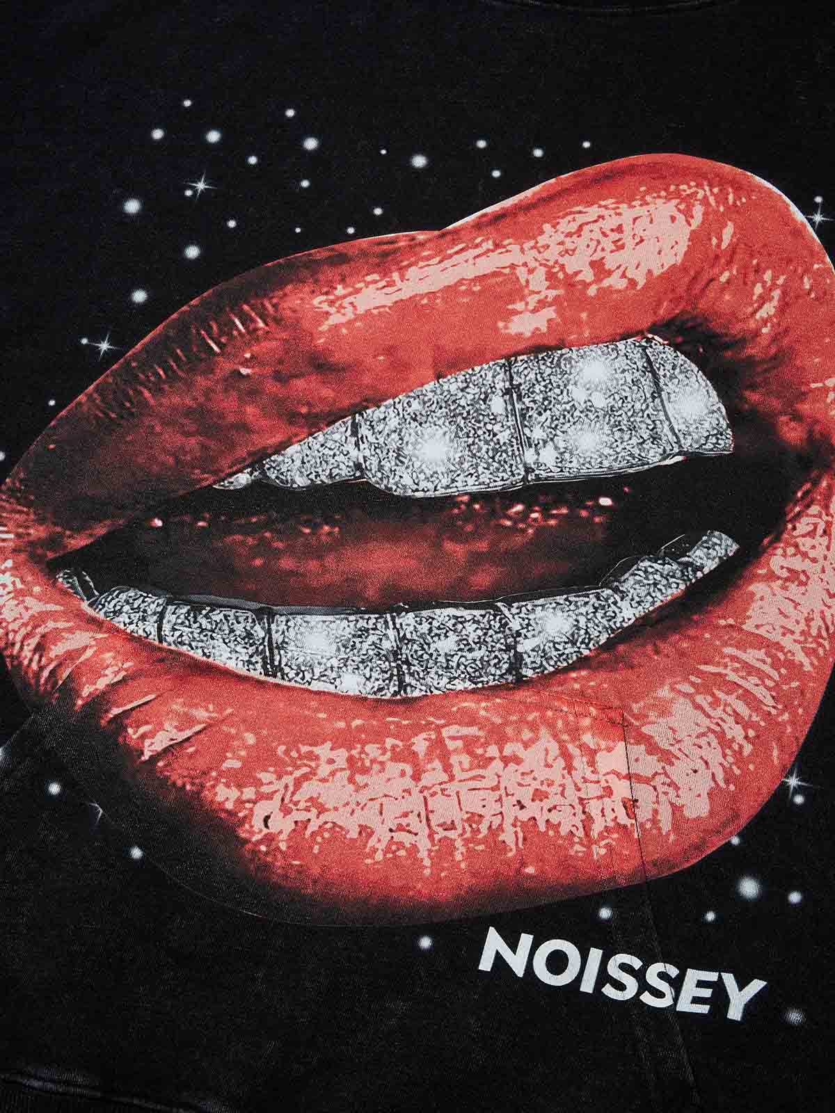 Dazzling Red Lips Starry Print 350g Black Washed Hoodie