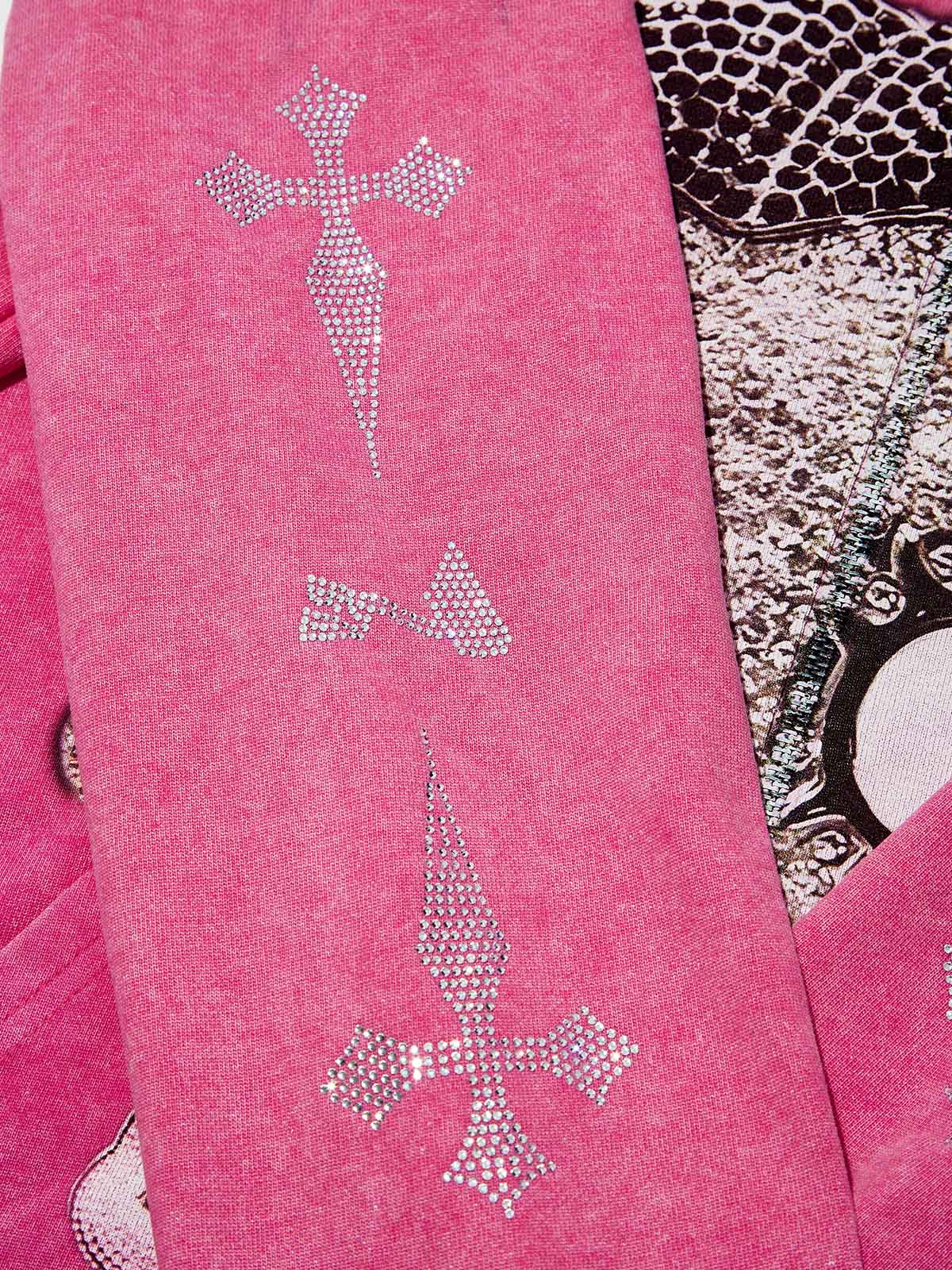 Black & White Diamond Cartoon girl 370g Pink Washed zip-up hoodie