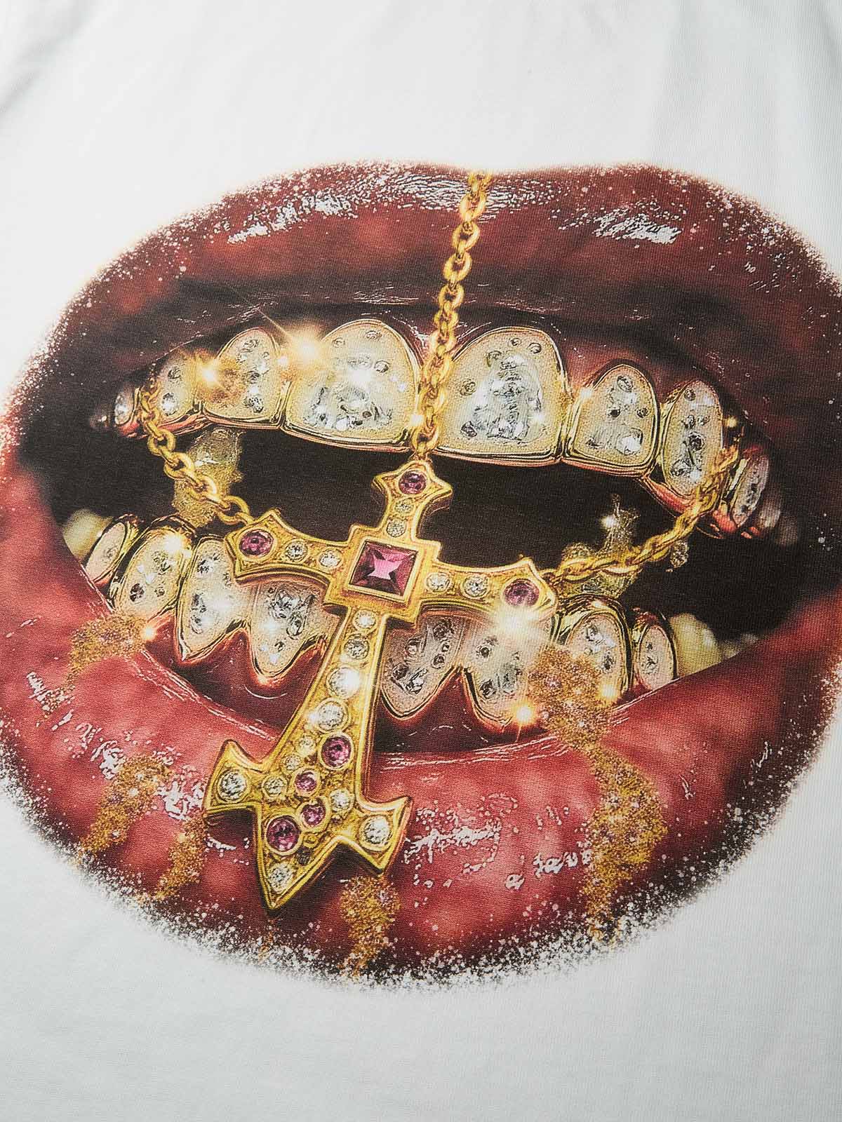 Boxy oversized T-shirt Golden Cross Diamond Patch Grills Print