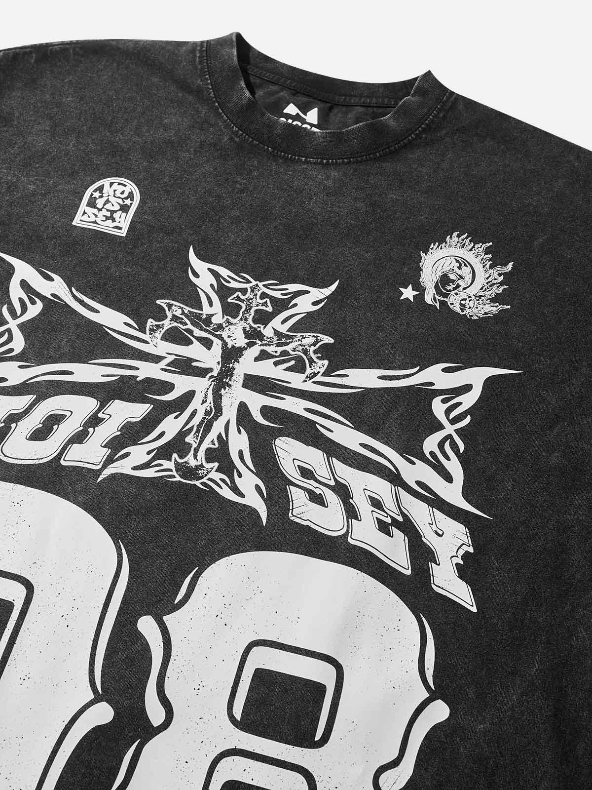 08 Street Flame Cross Black Wash Print T-shirt