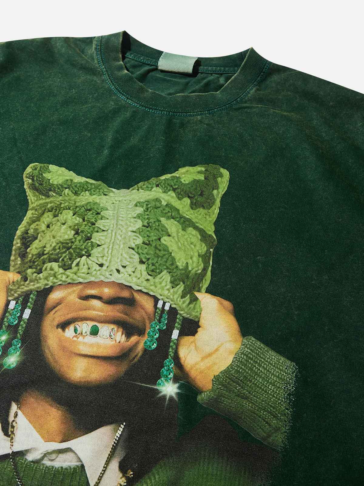 Avocado Green Cat Ear Crochet Hat Washed Printed T-Shirt