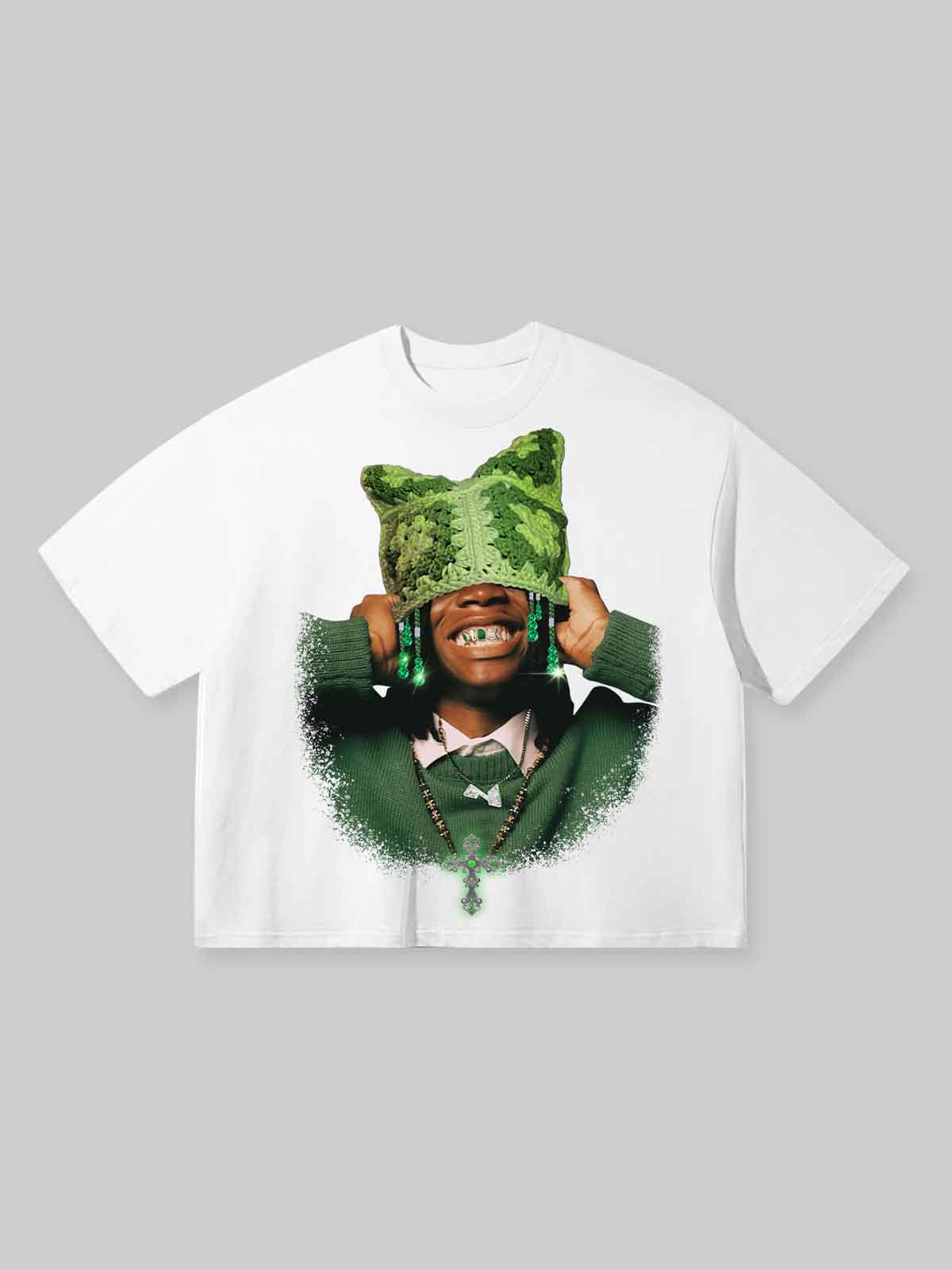 Boxy oversized T-shirt Avocado Green Cat Ear Crochet Hat Printed