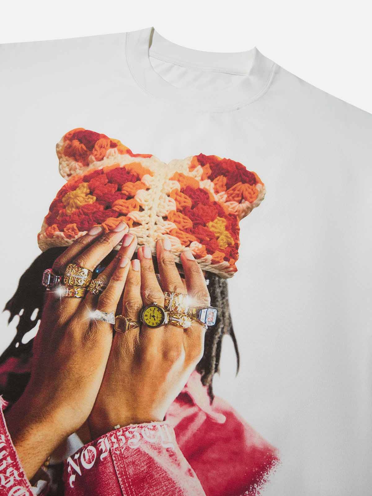 High Quality Jewel Ring & Orange Kitty Cap Wash Print heavyweight T-shirt