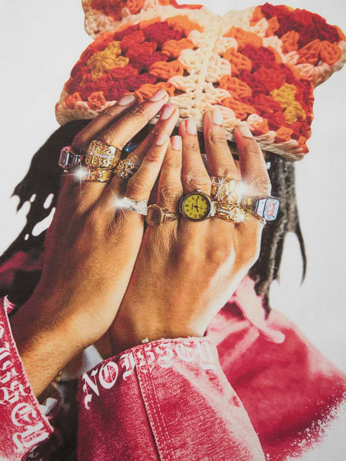 High Quality Jewel Ring & Orange Kitty Cap Wash Print heavyweight T-shirt