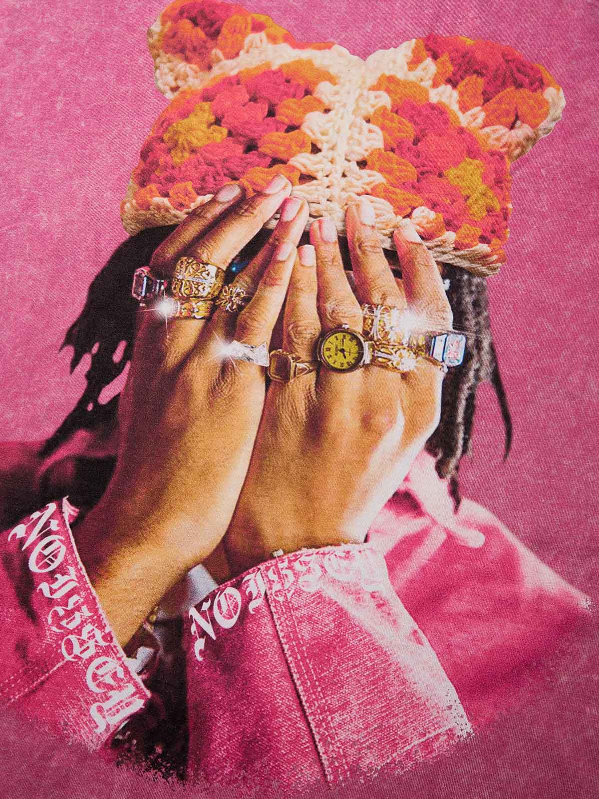 Jewel Ring & Orange Kitty Cap Wash Print T-shirt