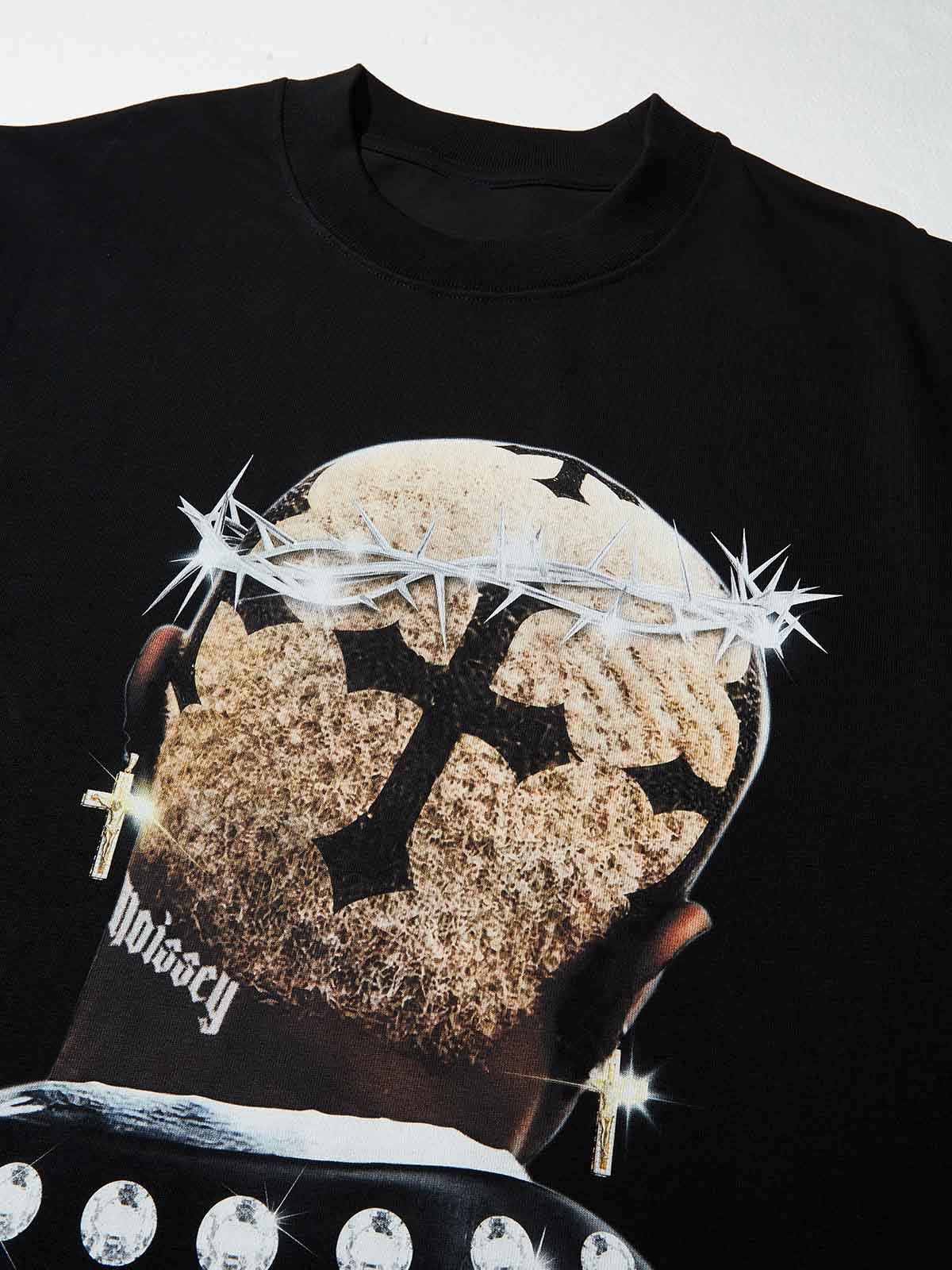 High quality Cross Hairstyle and Diamond Thorn Crown Print 350g T-shirt