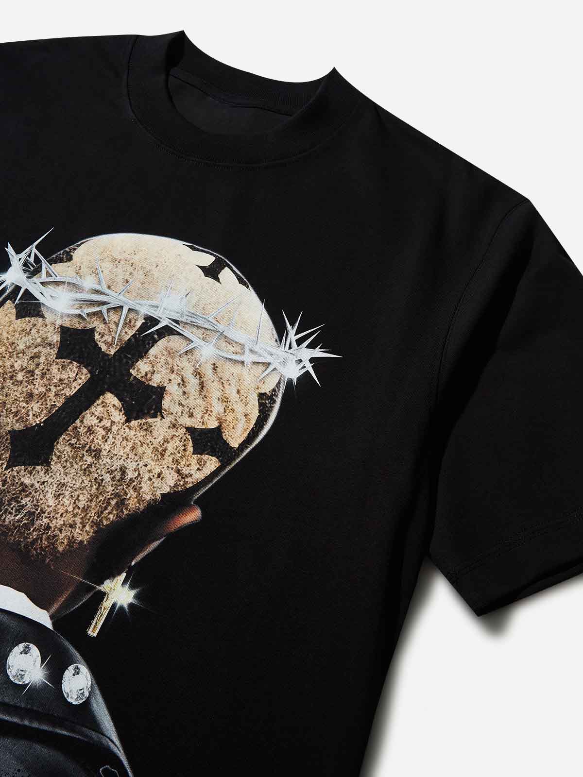 High quality Cross Hairstyle and Diamond Thorn Crown Print 350g T-shirt
