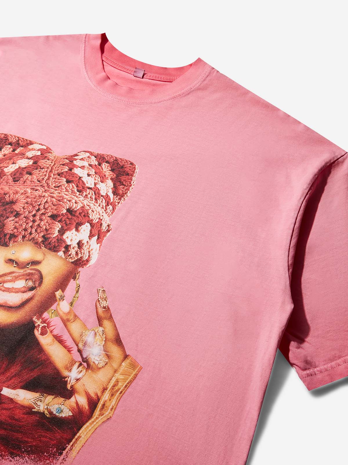 Rich Girl Cat-ear Hat Gradient Pink Washed Print T-shirt