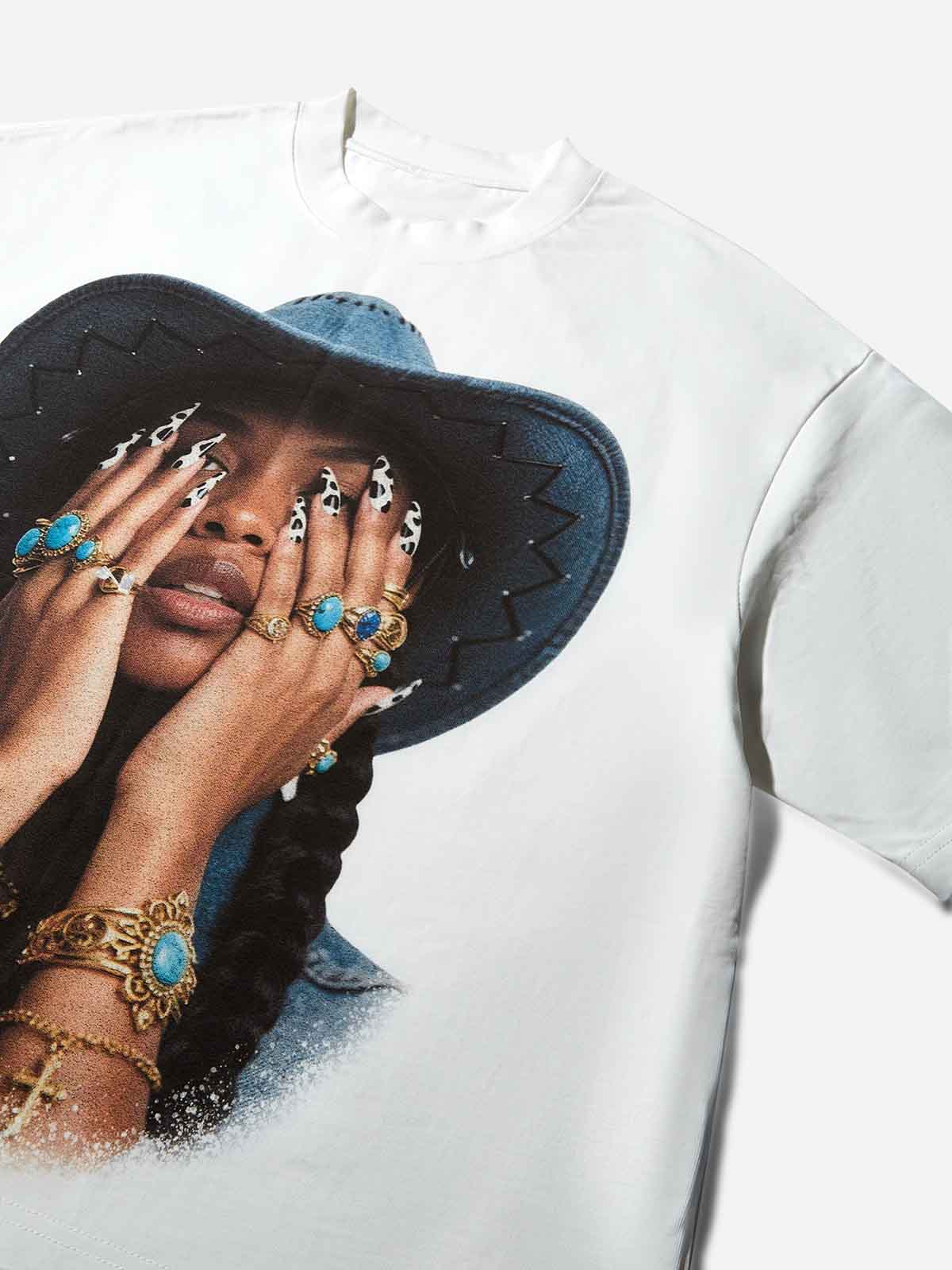 Boxy oversized T-shirt Denim Girl & Her Turquoise Nail Art Print T-Shirt