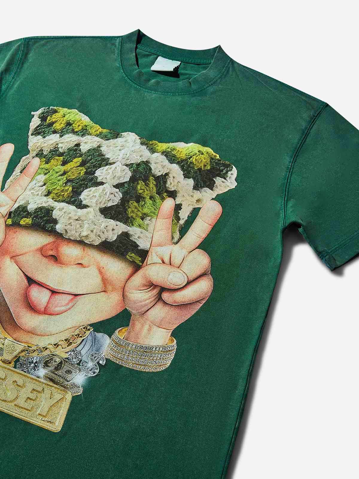 Bad boy wearing green cat hat washed green print T-shirt