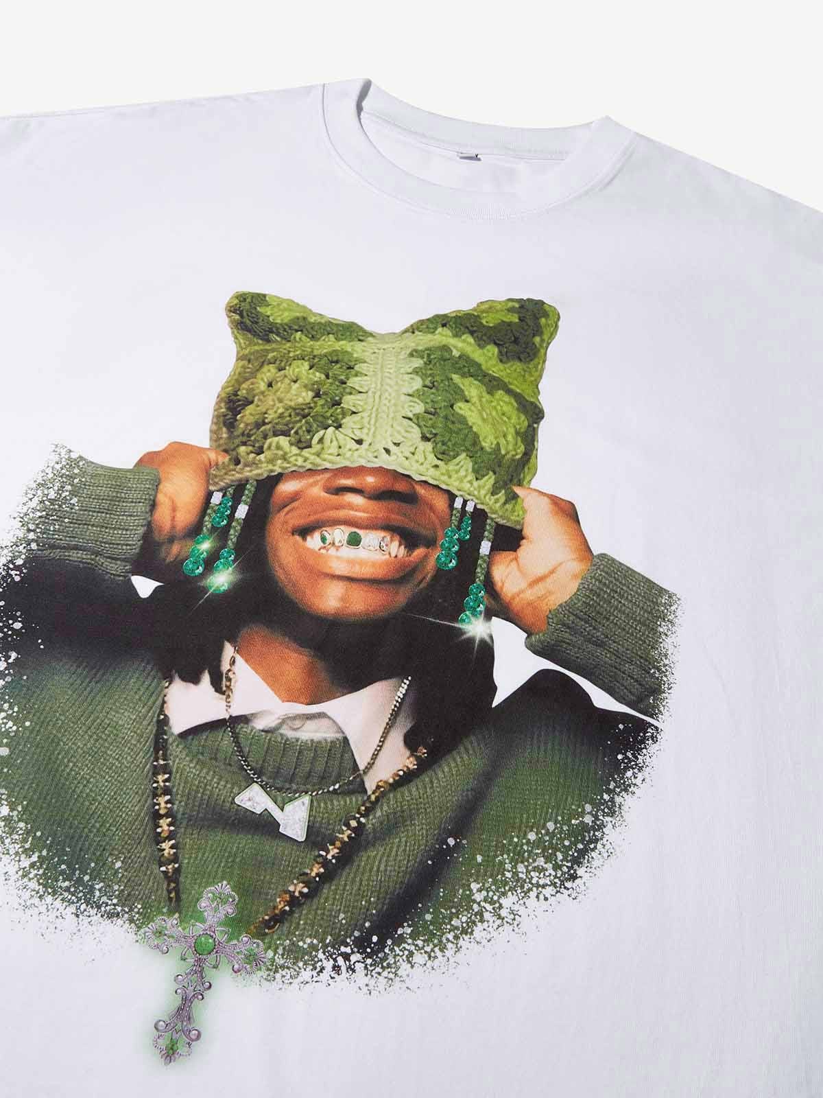 Boxy oversized T-shirt Avocado Green Cat Ear Crochet Hat Printed