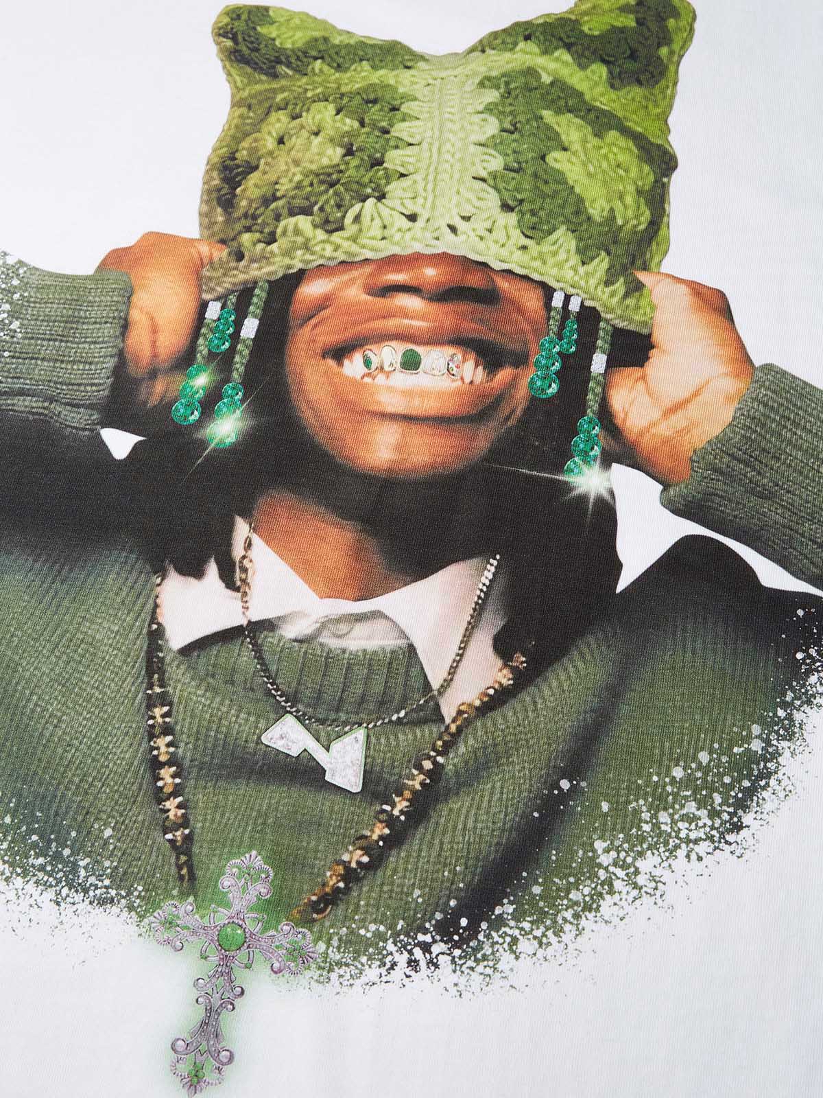 Boxy oversized T-shirt Avocado Green Cat Ear Crochet Hat Printed