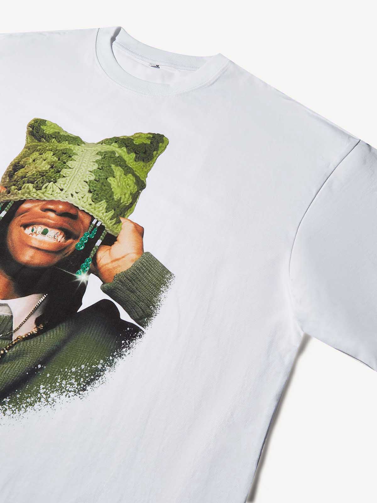 Boxy oversized T-shirt Avocado Green Cat Ear Crochet Hat Printed