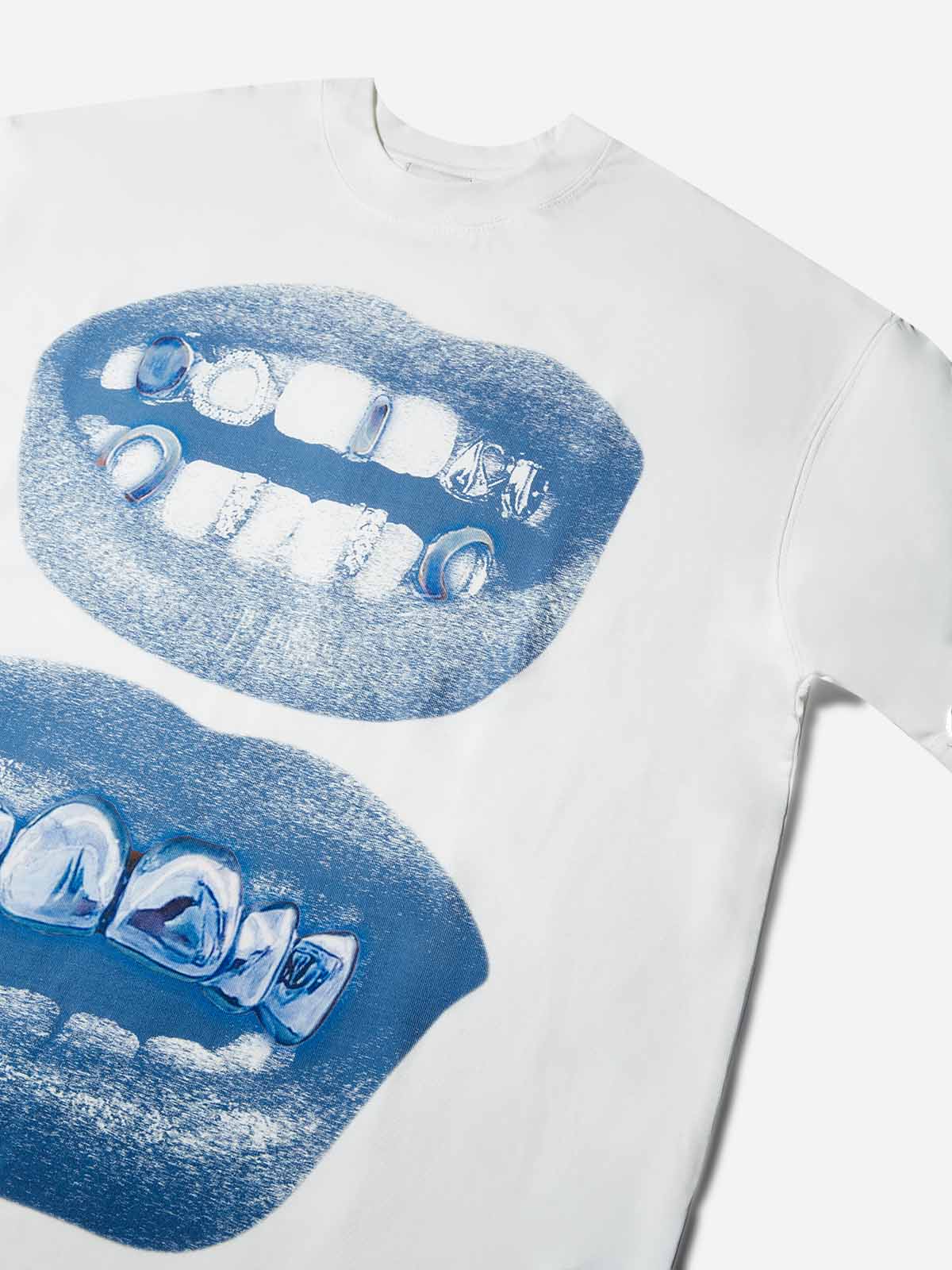 Boxy oversized T-shirt Retro Blue Lips Grills Print