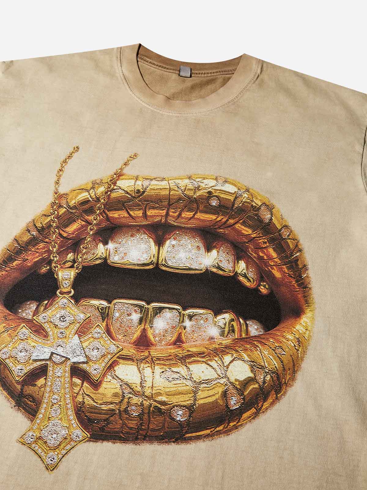 Desert Gold Art Diamond Lips Print T-Shirt