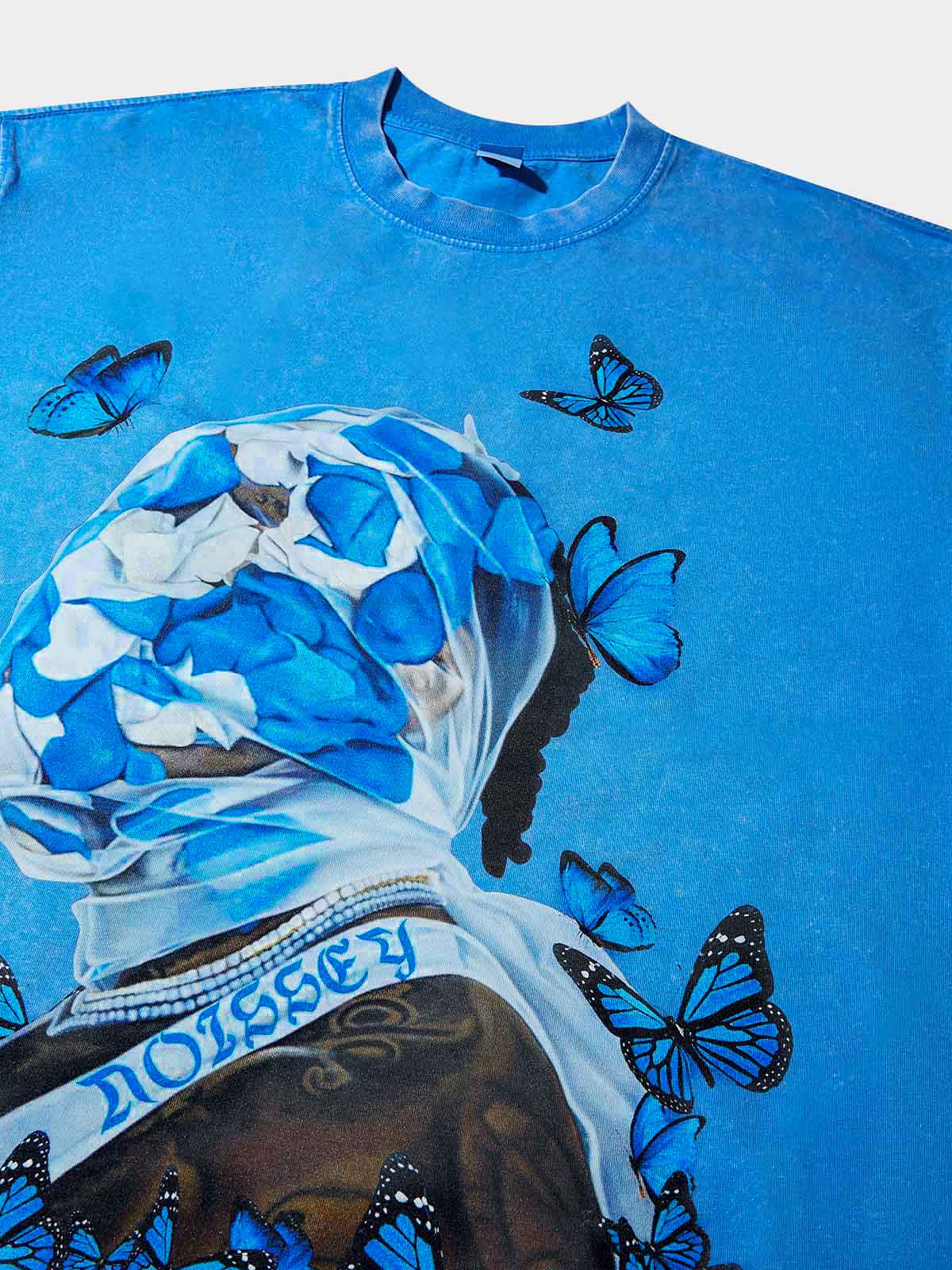Blue butterfly art veil washed printed T-shirt