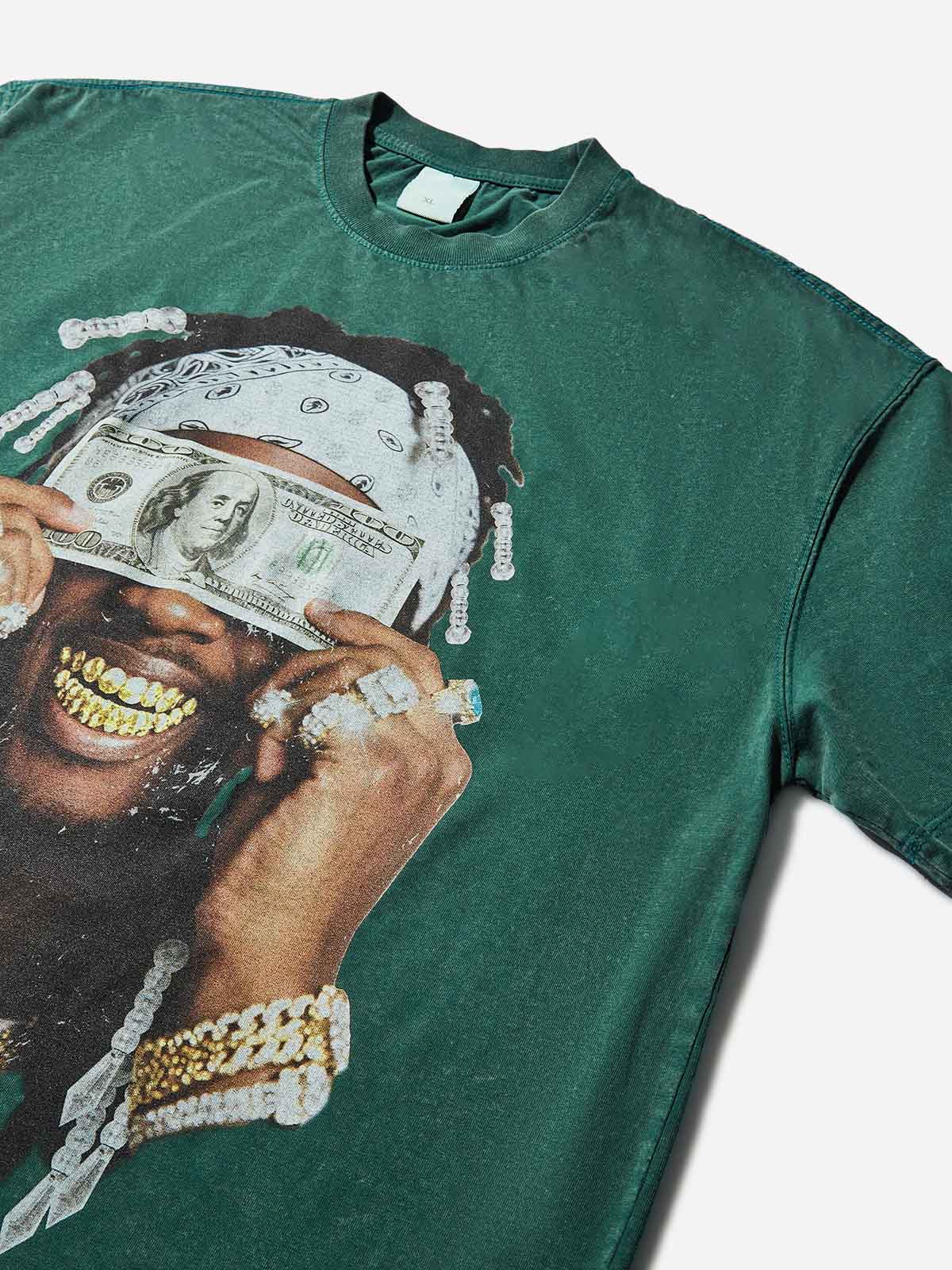 "Money Blinds the Eyes" Green Washed Print T-shirt