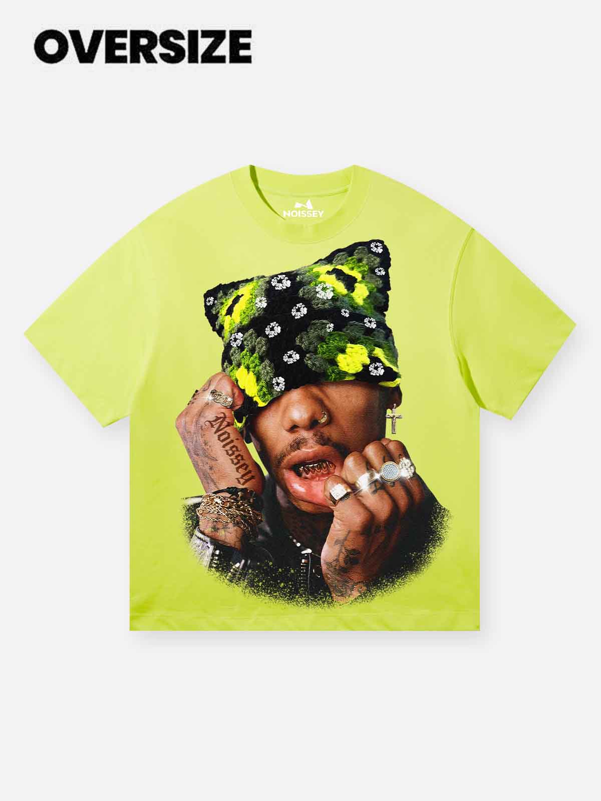 Fluorescent Green Cat Ear Hat Print T-Shirt